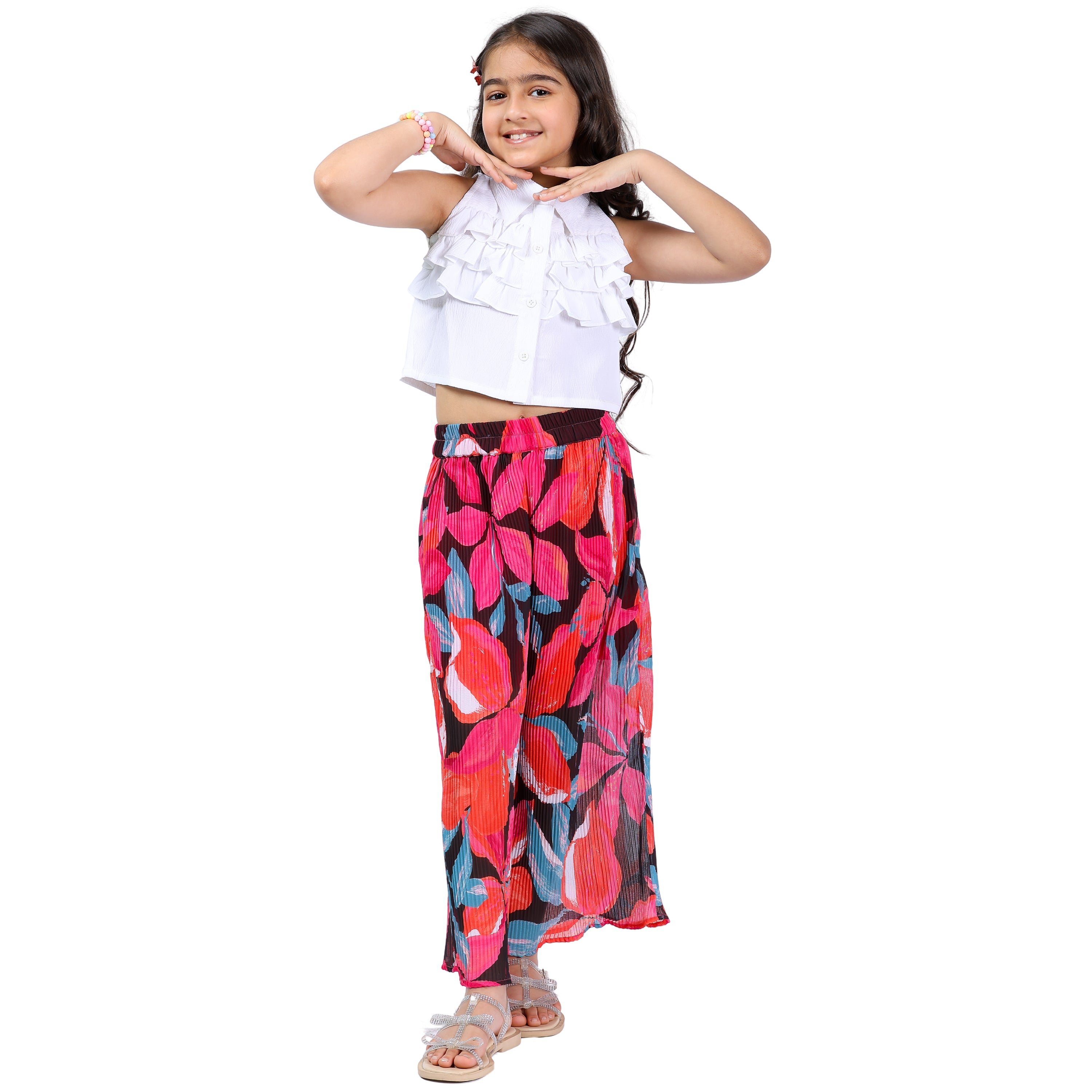 Girls Floral Printed & Pleated Clothing Set – White & Red (4–10 Yrs)