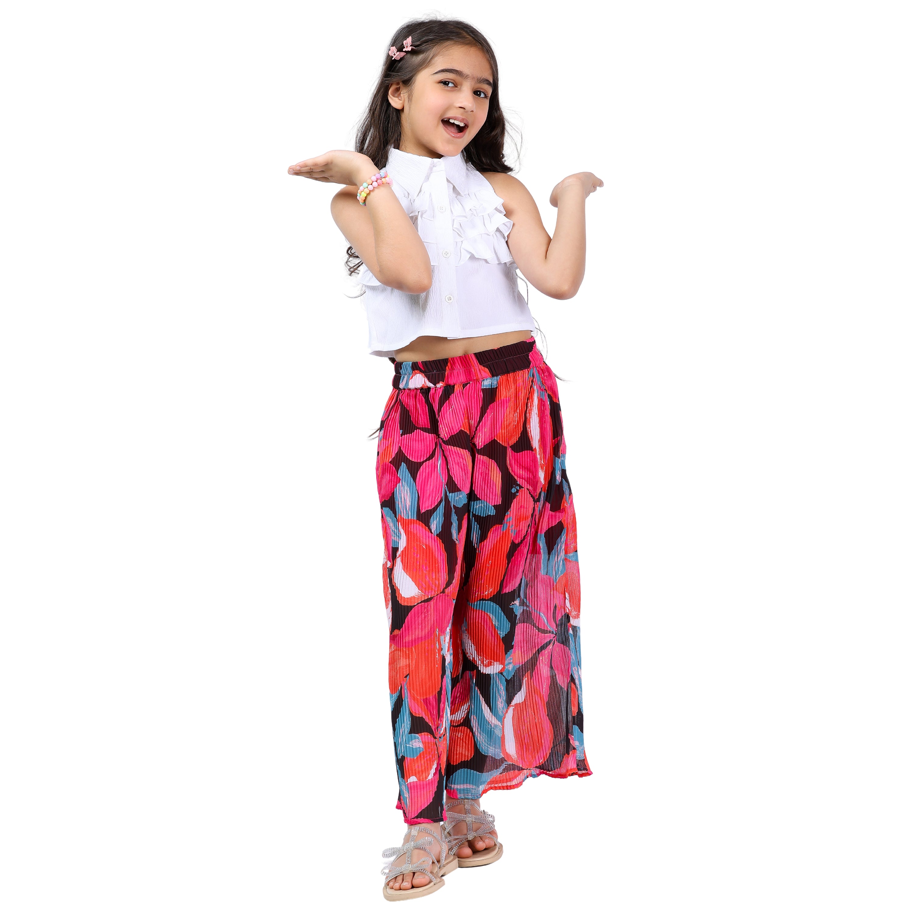 Girls Floral Printed & Pleated Clothing Set – White & Red (4–10 Yrs)