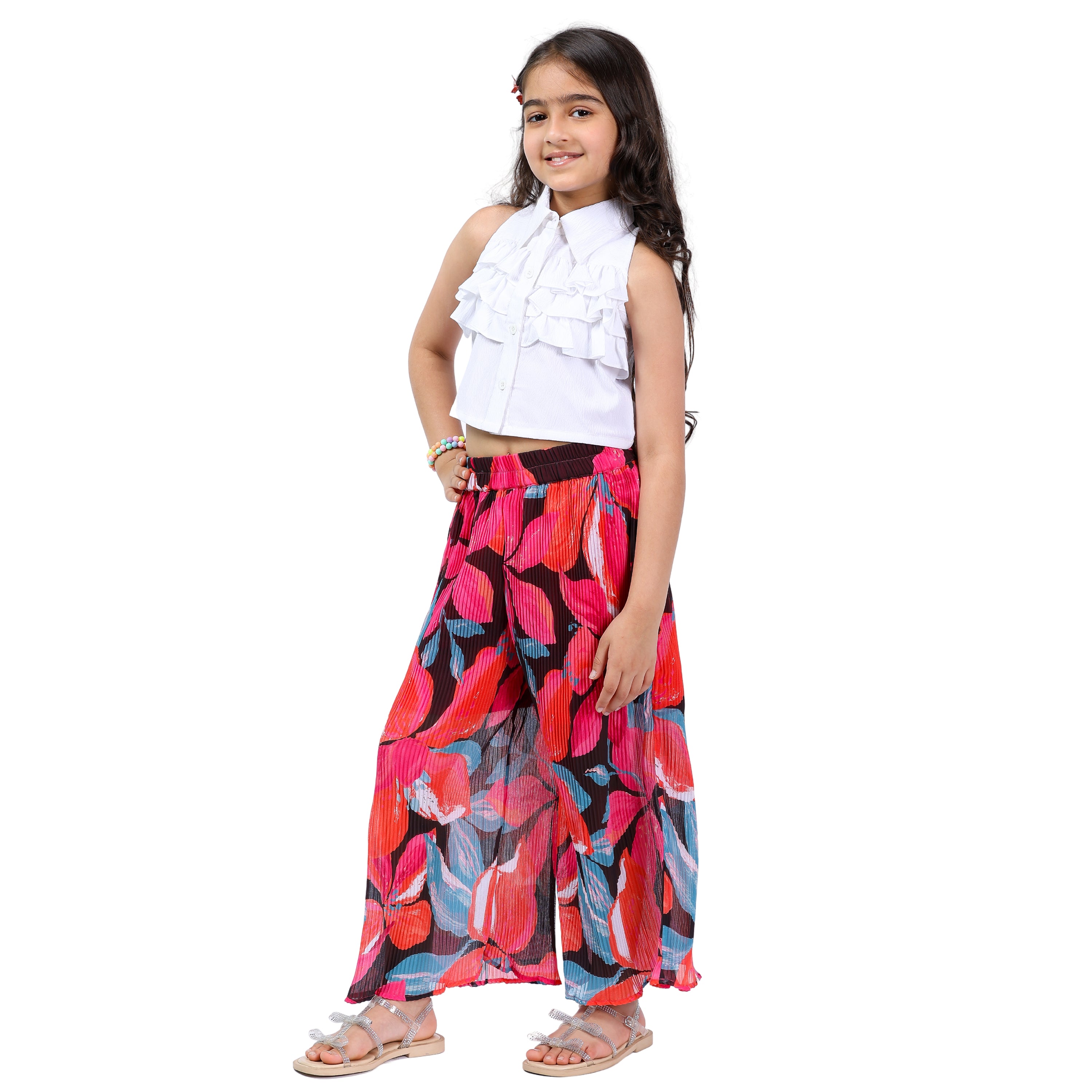 Girls Floral Printed & Pleated Clothing Set – White & Red (4–10 Yrs)