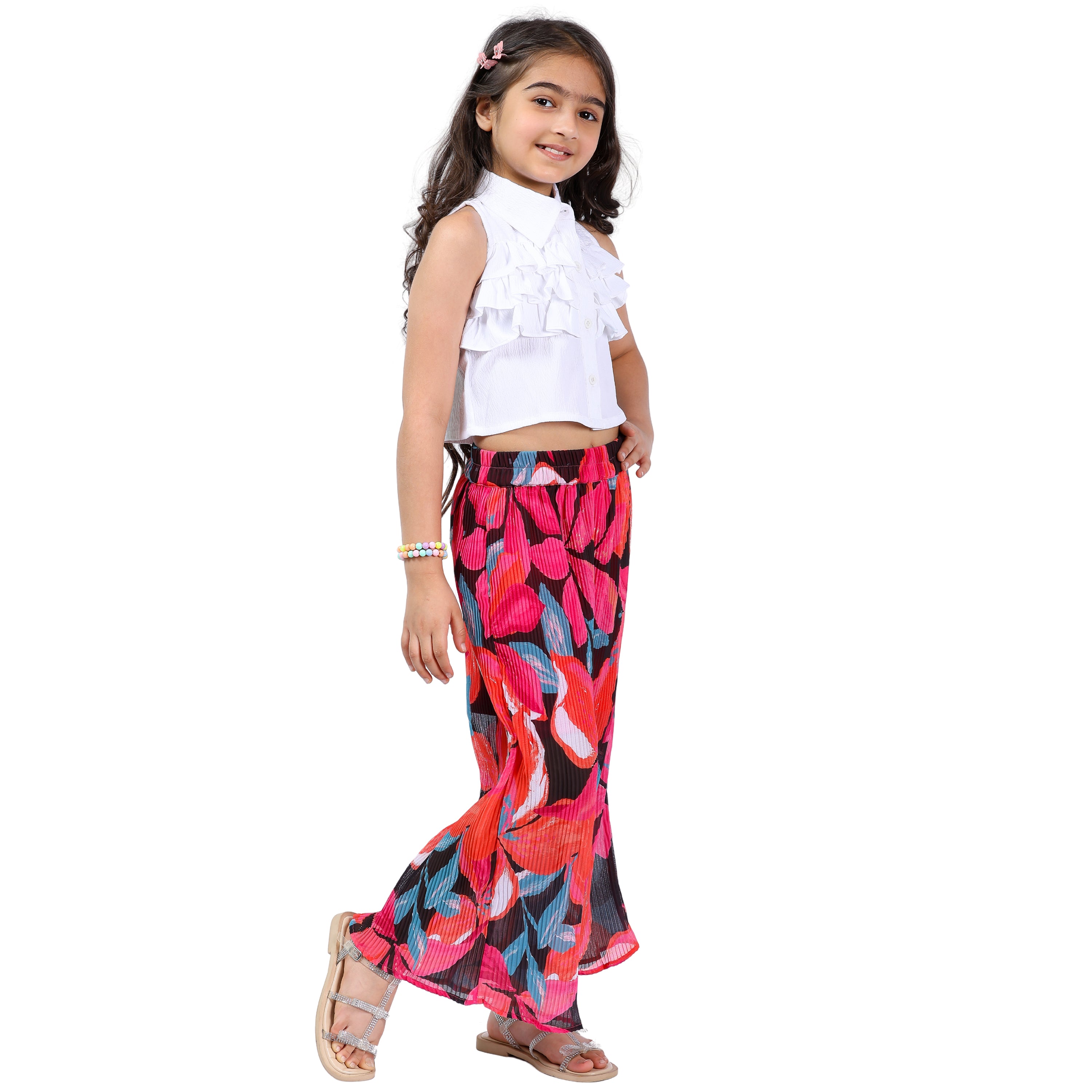 Girls Floral Printed & Pleated Clothing Set – White & Red (4–10 Yrs)