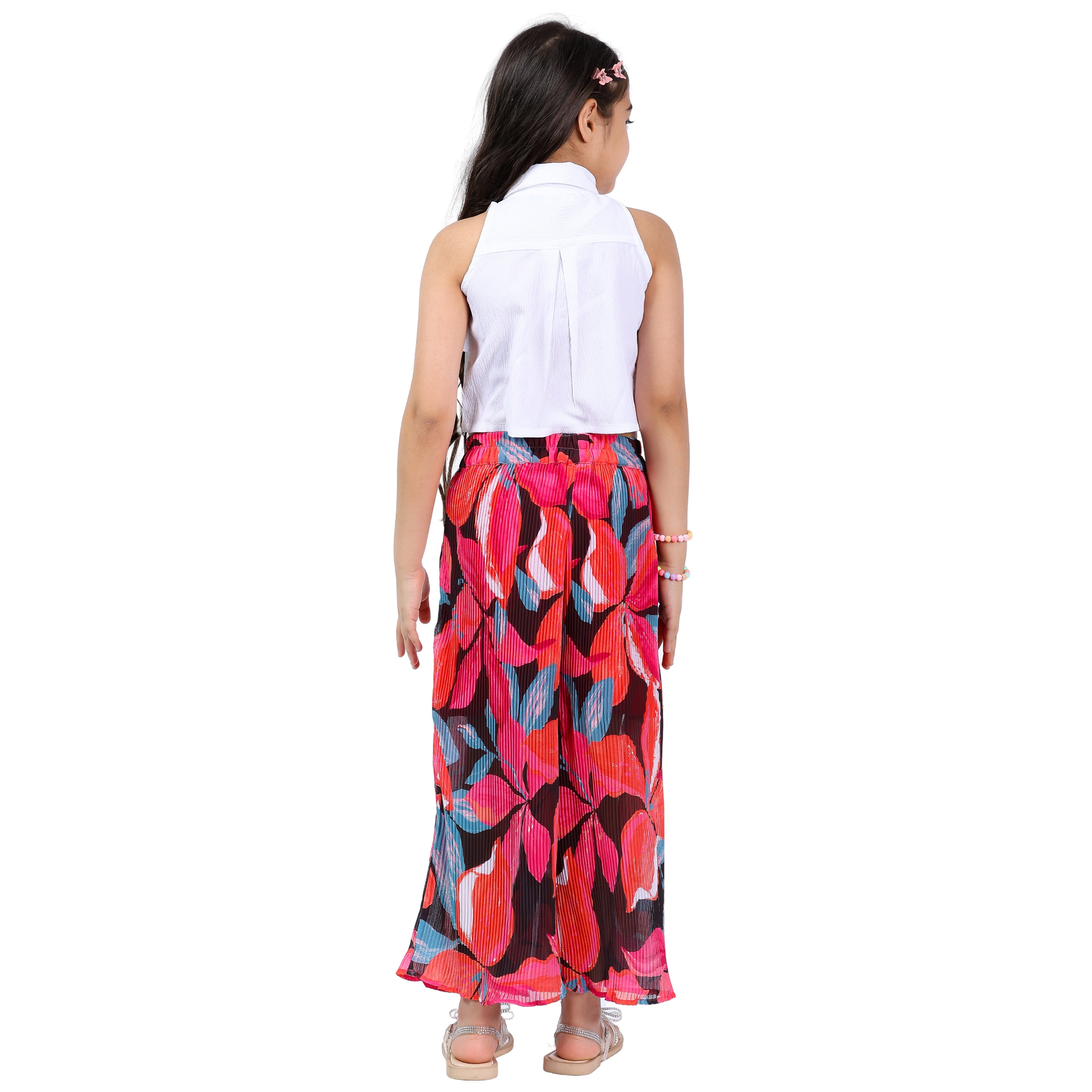 Girls Floral Printed & Pleated Clothing Set – White & Red (4–10 Yrs)