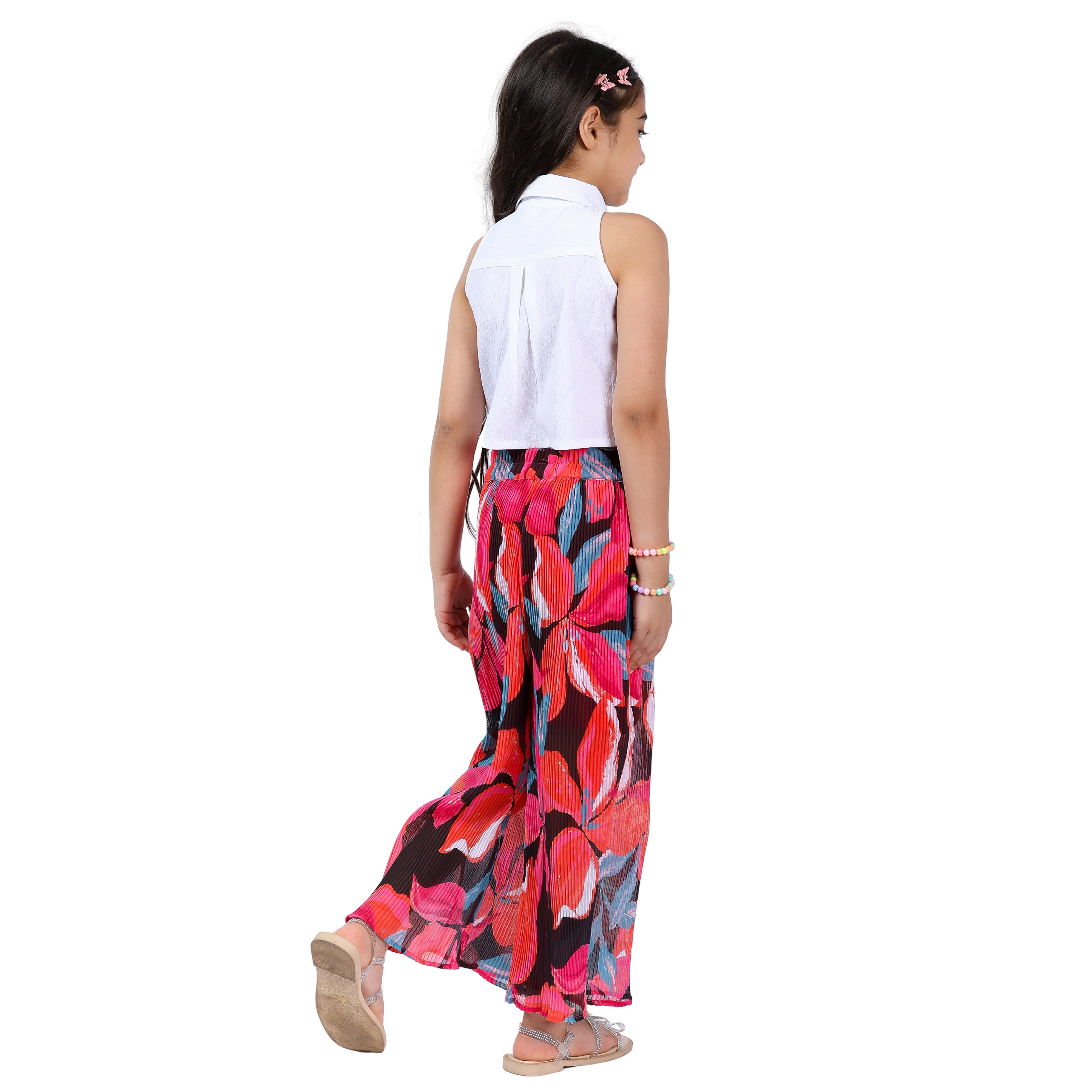 Girls Floral Printed & Pleated Clothing Set – White & Red (4–10 Yrs)