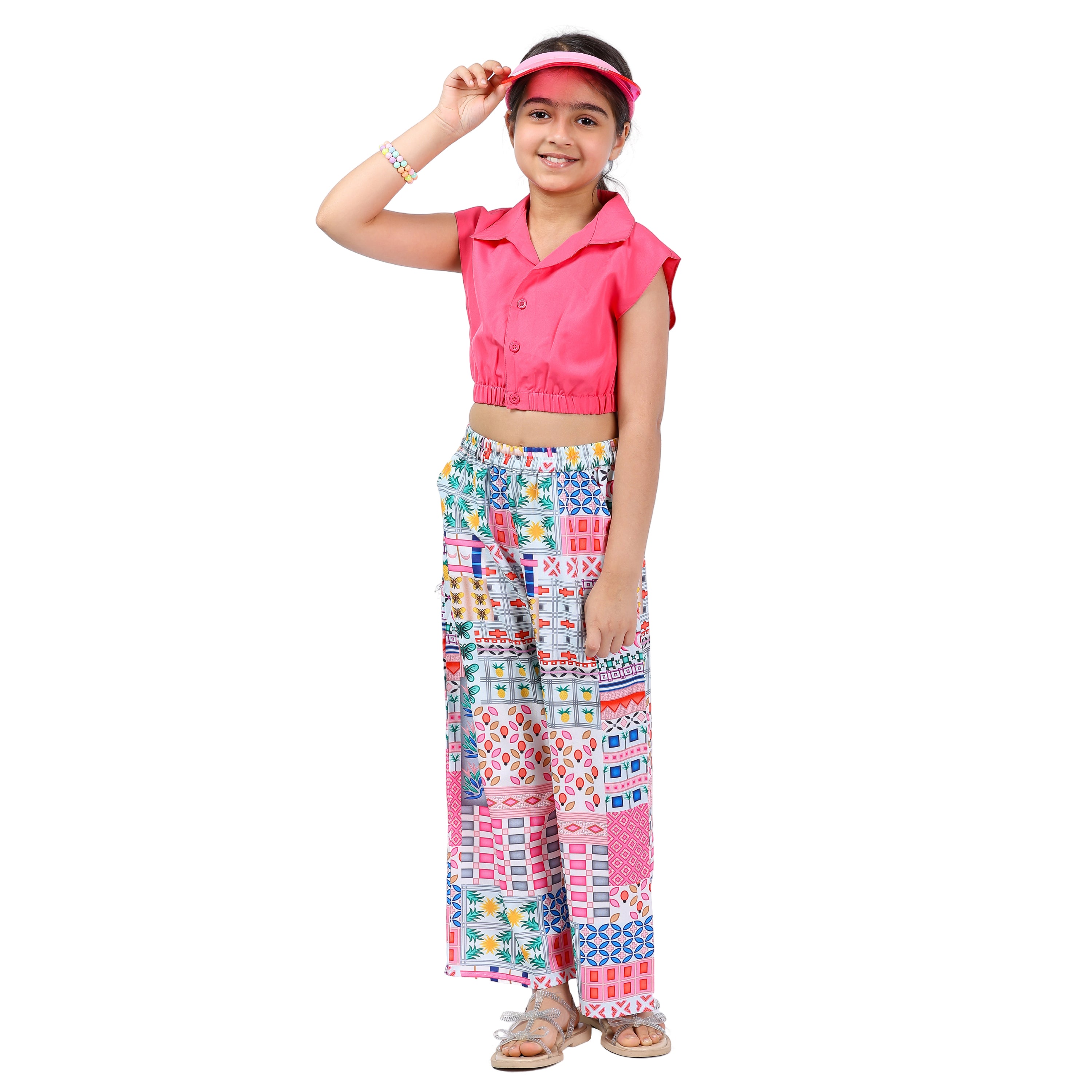 Girls Clothing Set – Pink Abstract Print, Collar Style (4–10 Yrs)