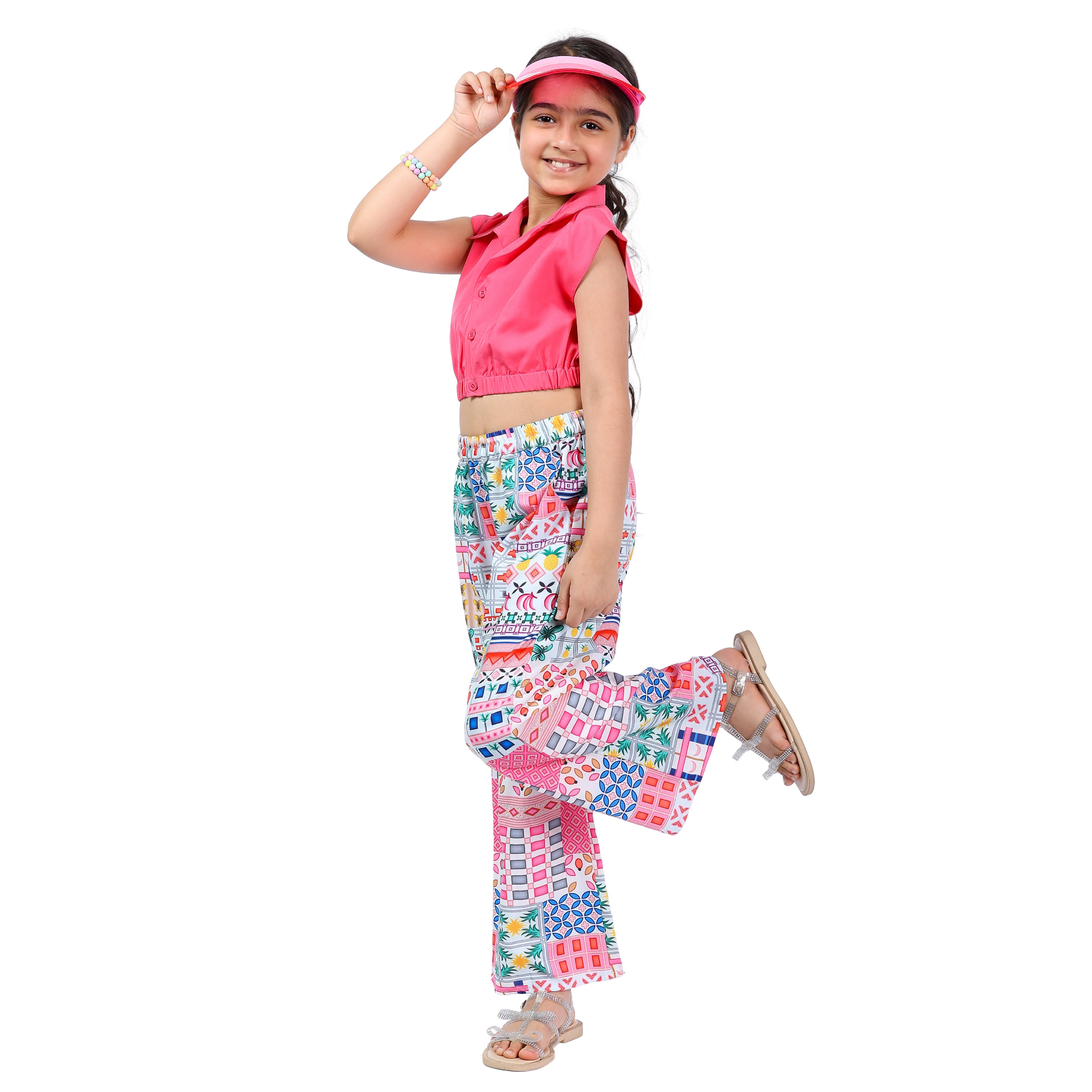Girls Clothing Set – Pink Abstract Print, Collar Style (4–10 Yrs)