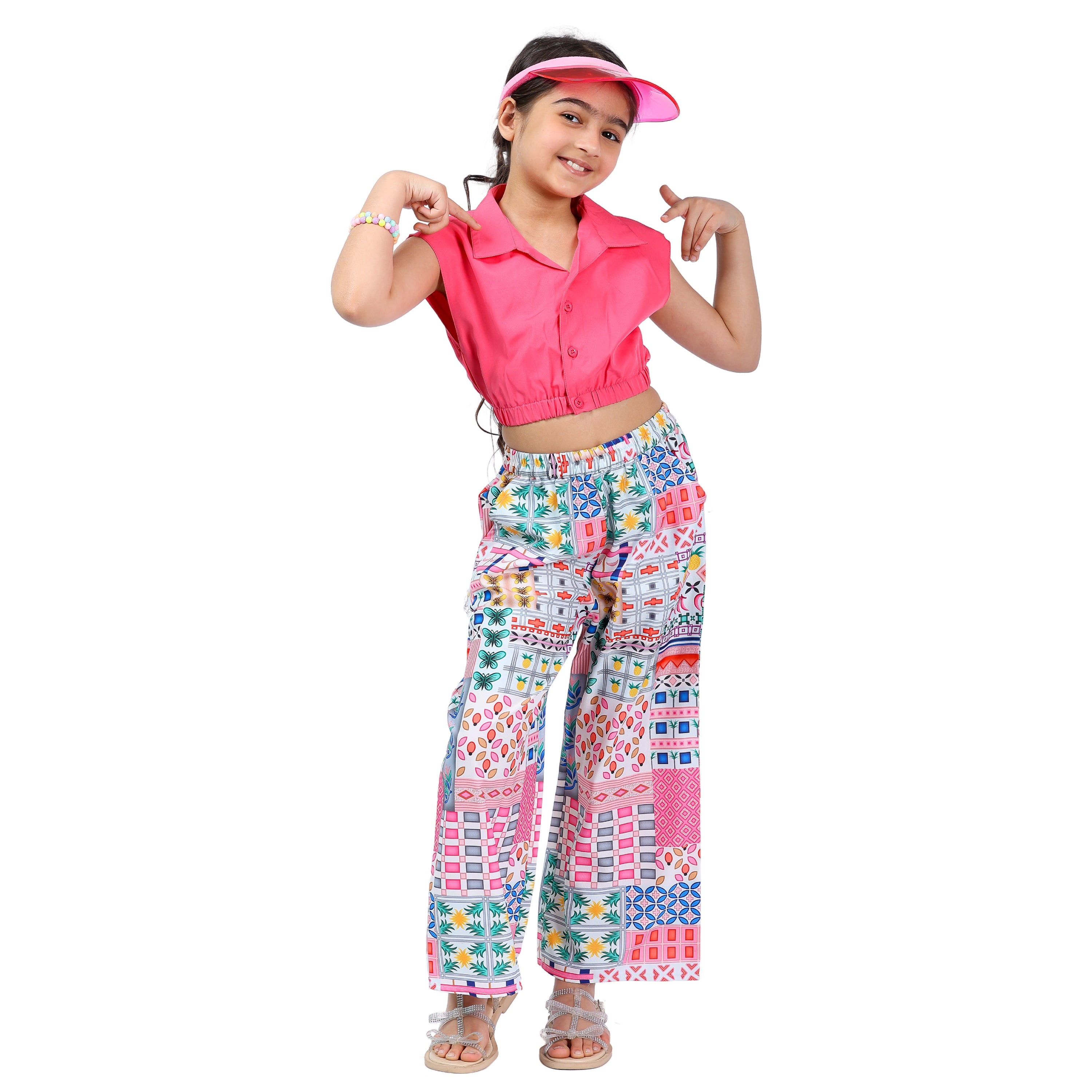 Girls Clothing Set – Pink Abstract Print, Collar Style (4–10 Yrs)