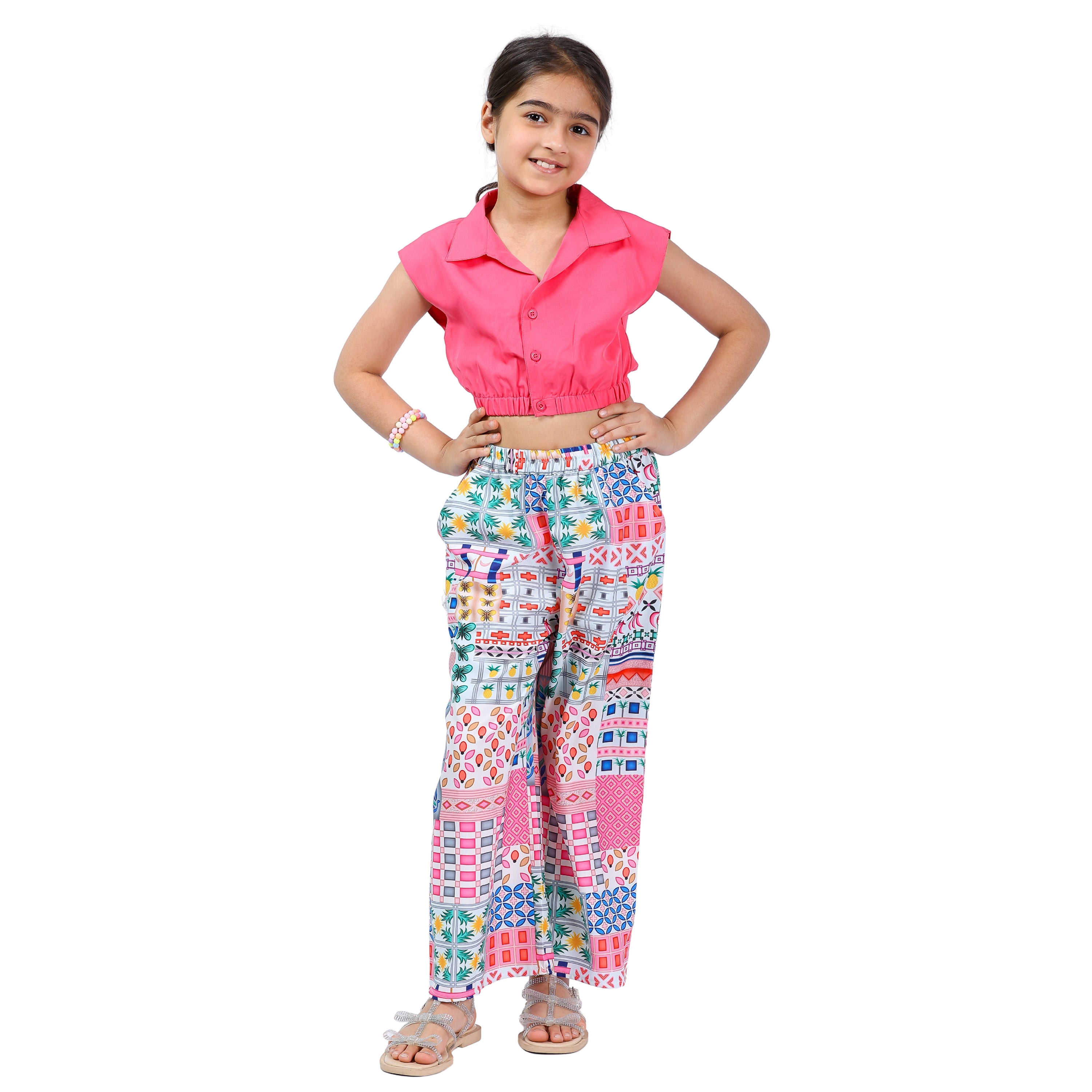 Girls Clothing Set – Pink Abstract Print, Collar Style (4–10 Yrs)