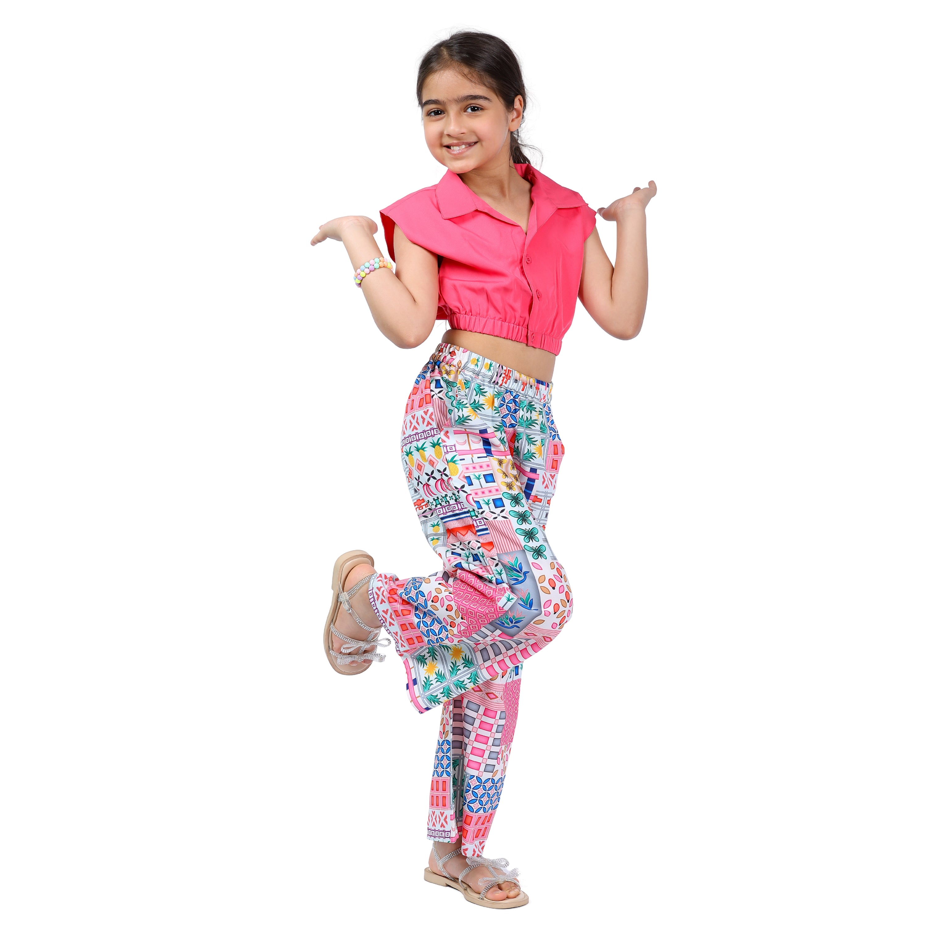 Girls Clothing Set – Pink Abstract Print, Collar Style (4–10 Yrs)