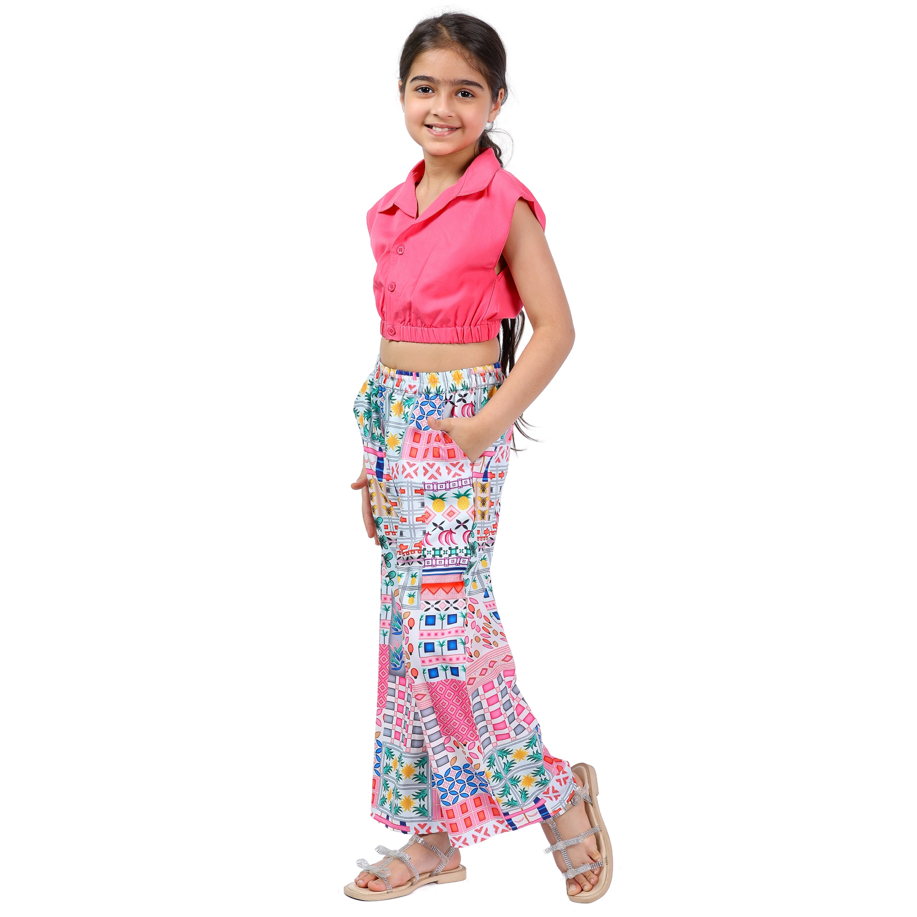 Girls Clothing Set – Pink Abstract Print, Collar Style (4–10 Yrs)