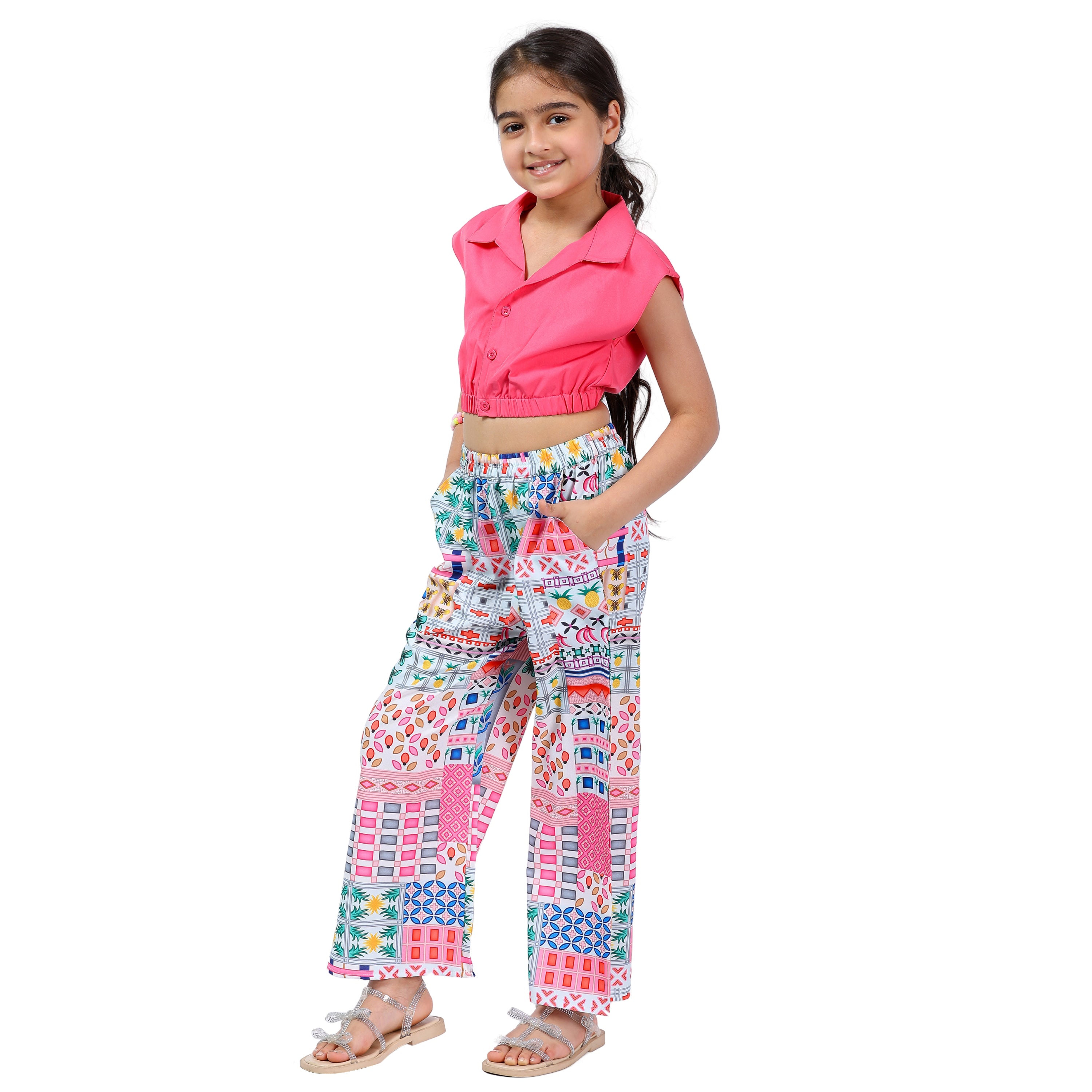 Girls Clothing Set – Pink Abstract Print, Collar Style (4–10 Yrs)
