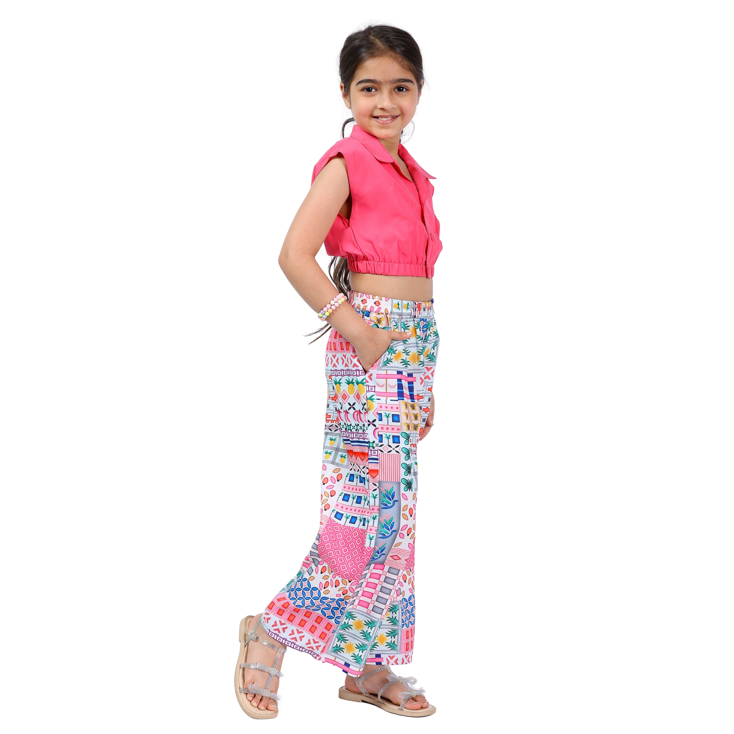Girls Clothing Set – Pink Abstract Print, Collar Style (4–10 Yrs)