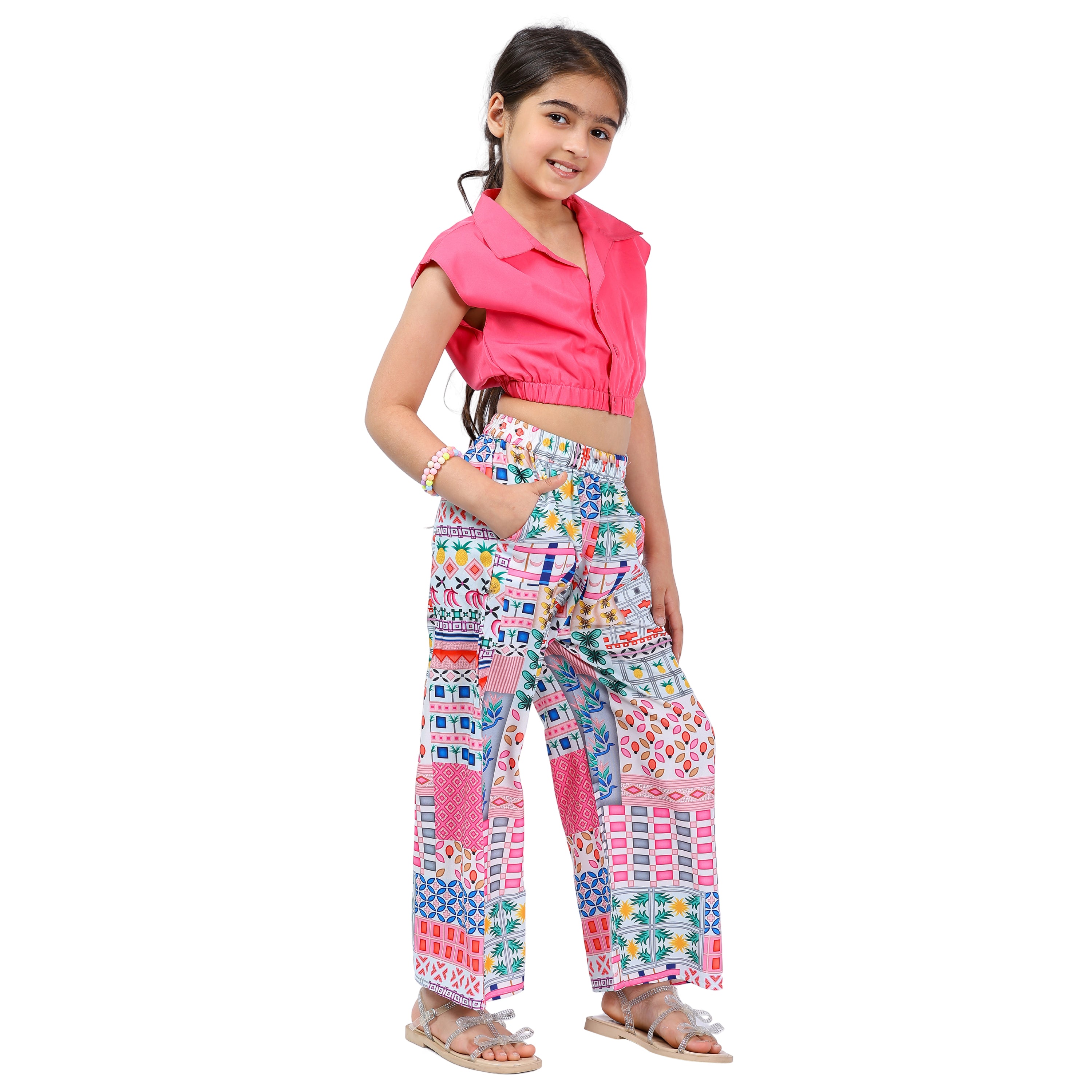 Girls Clothing Set – Pink Abstract Print, Collar Style (4–10 Yrs)