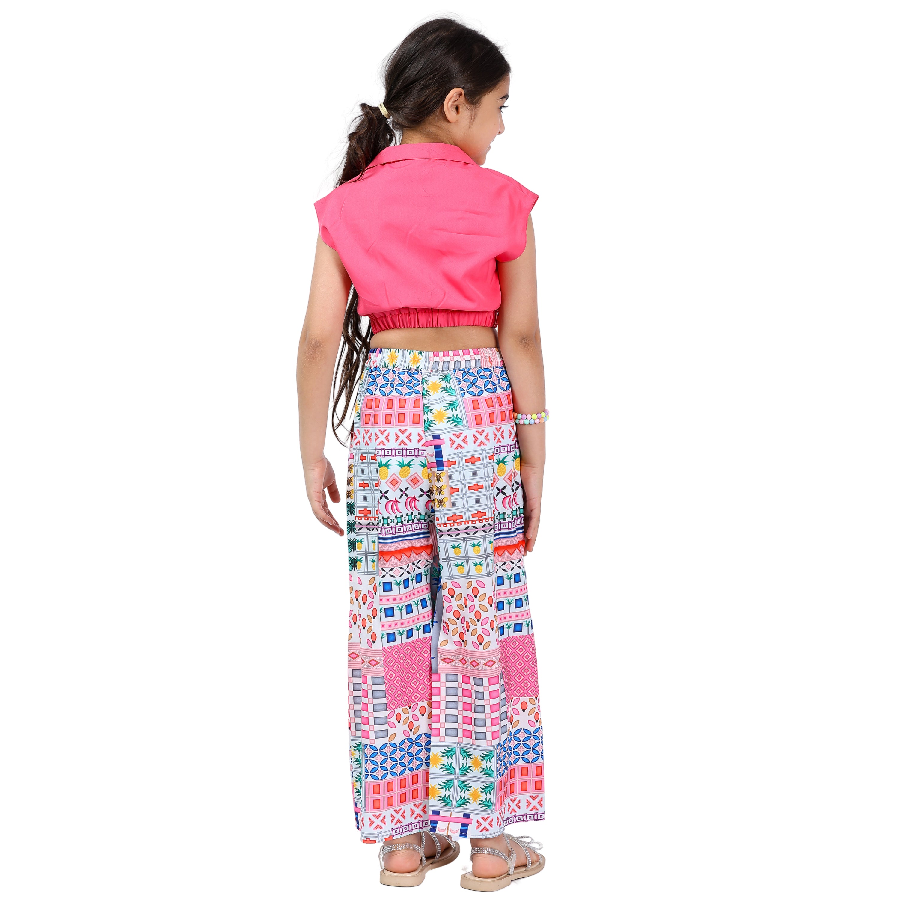 Girls Clothing Set – Pink Abstract Print, Collar Style (4–10 Yrs)