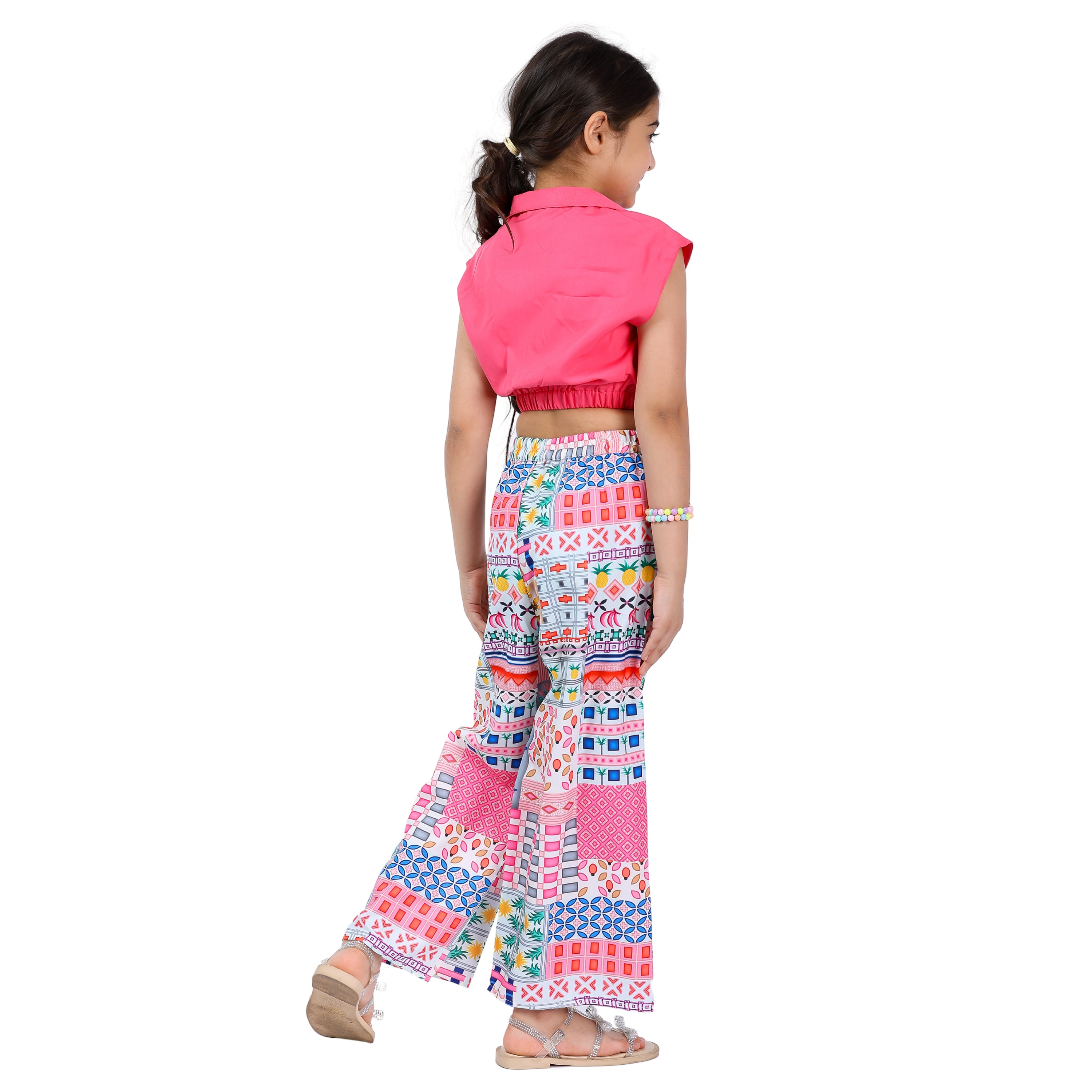 Girls Clothing Set – Pink Abstract Print, Collar Style (4–10 Yrs)