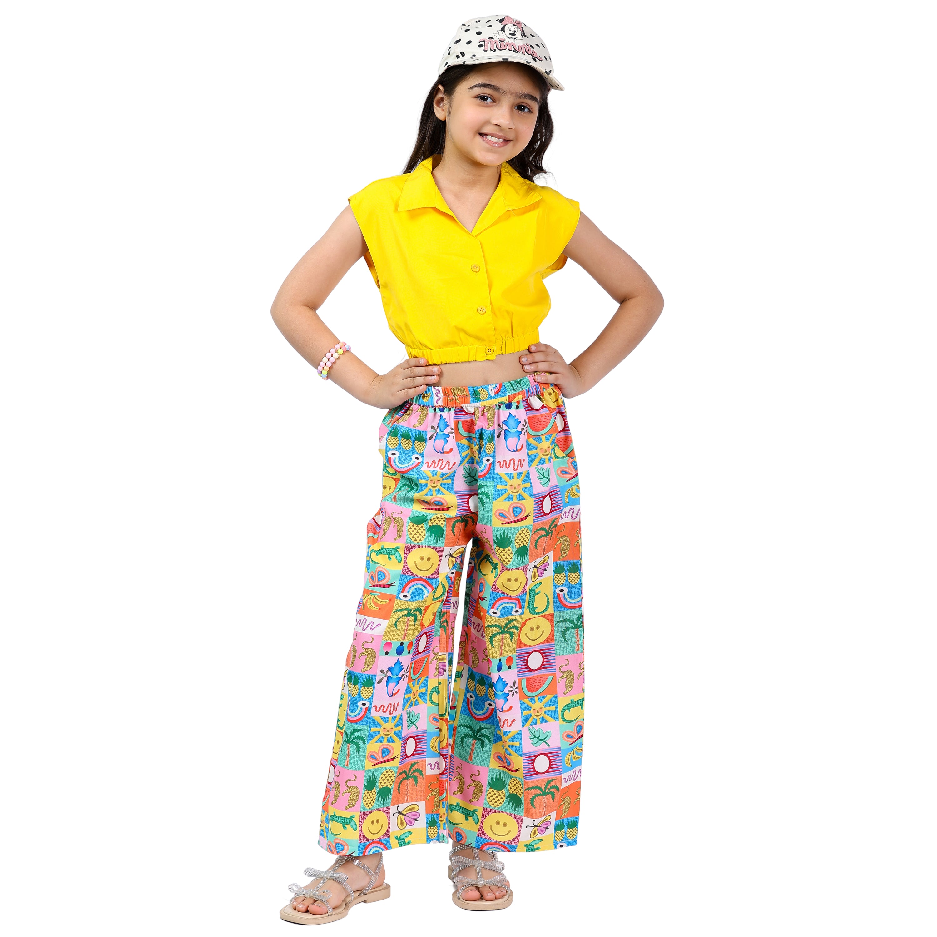 Girls Clothing Set – Yellow Abstract Print, Collar Style (4–10 Yrs)