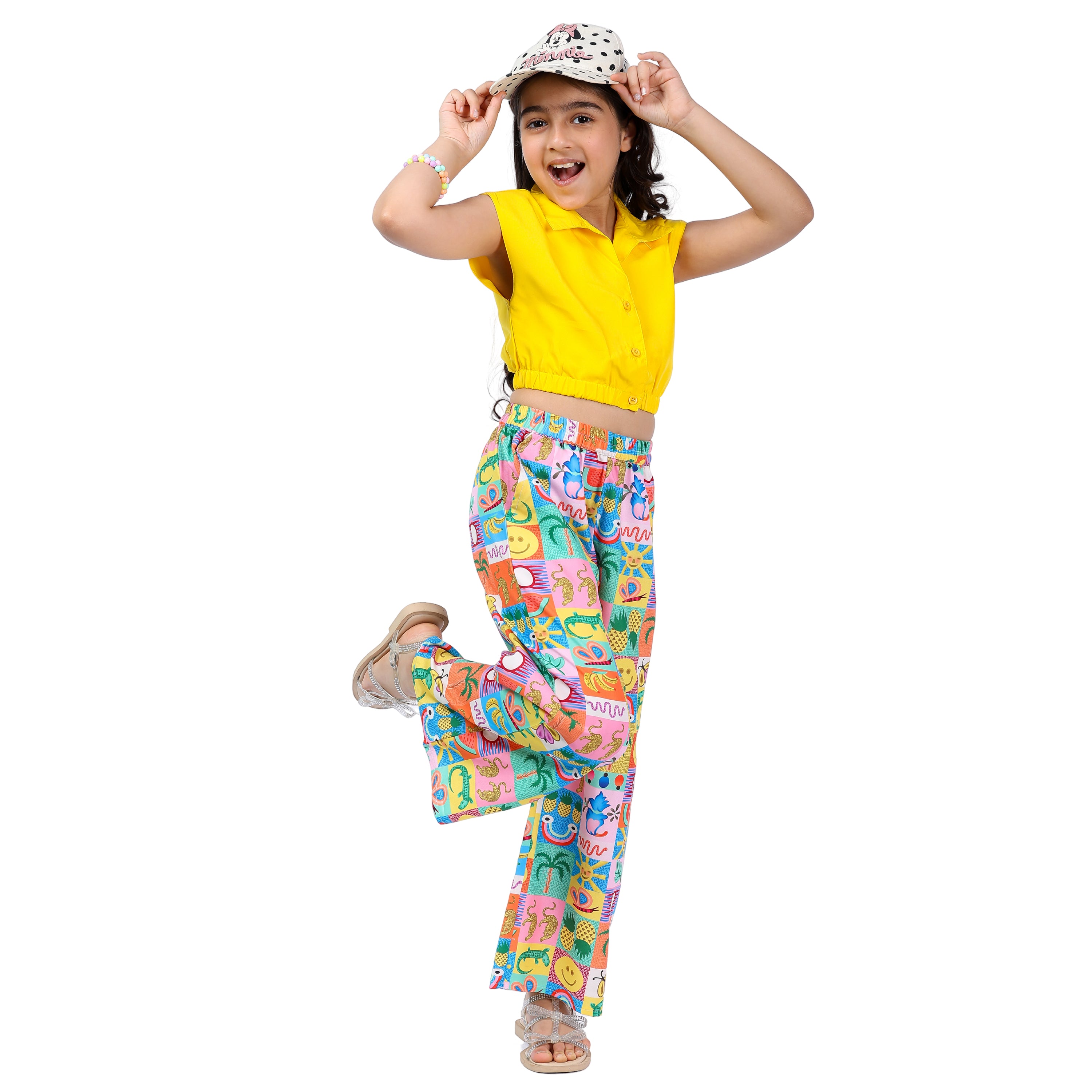 Girls Clothing Set – Yellow Abstract Print, Collar Style (4–10 Yrs)