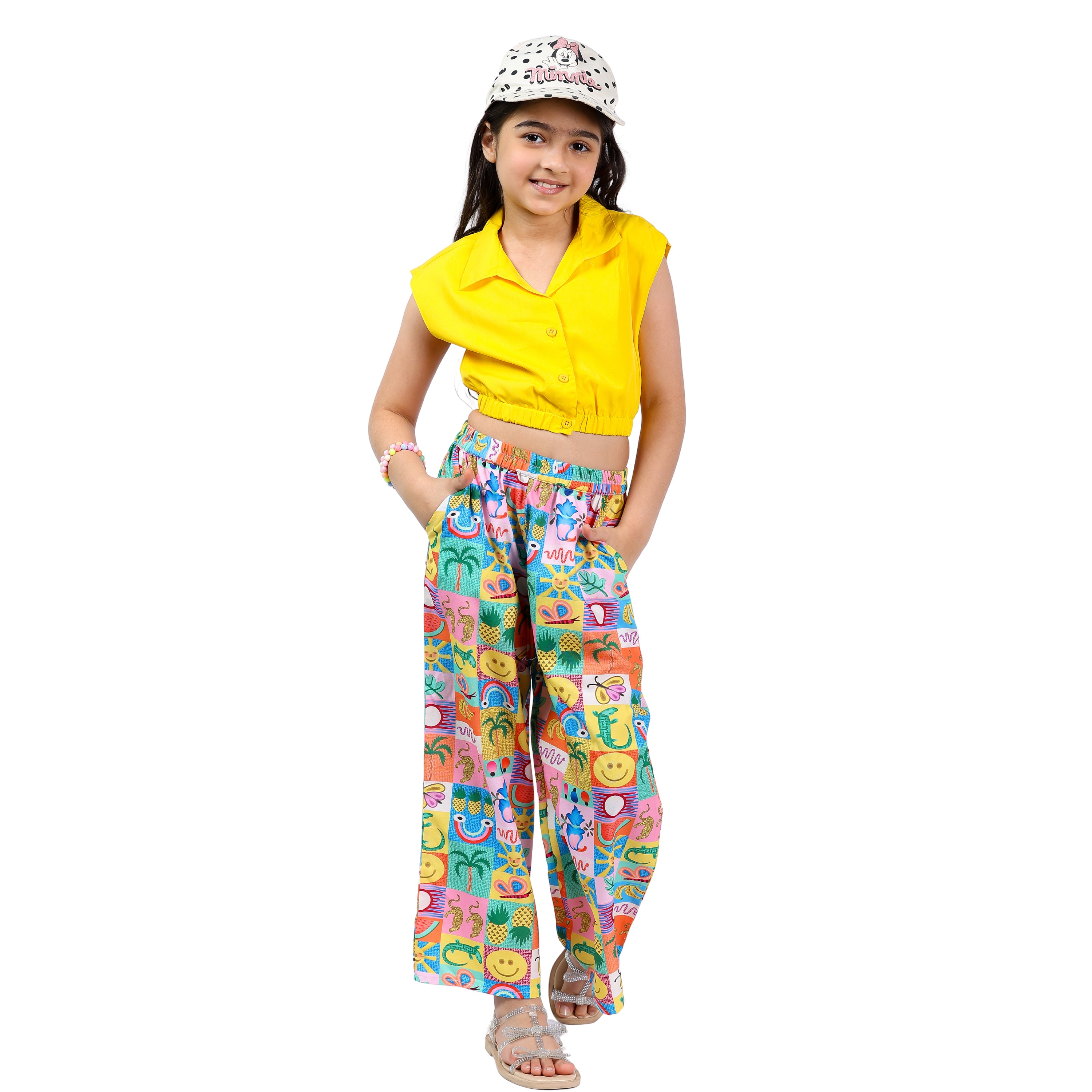 Girls Clothing Set – Yellow Abstract Print, Collar Style (4–10 Yrs)