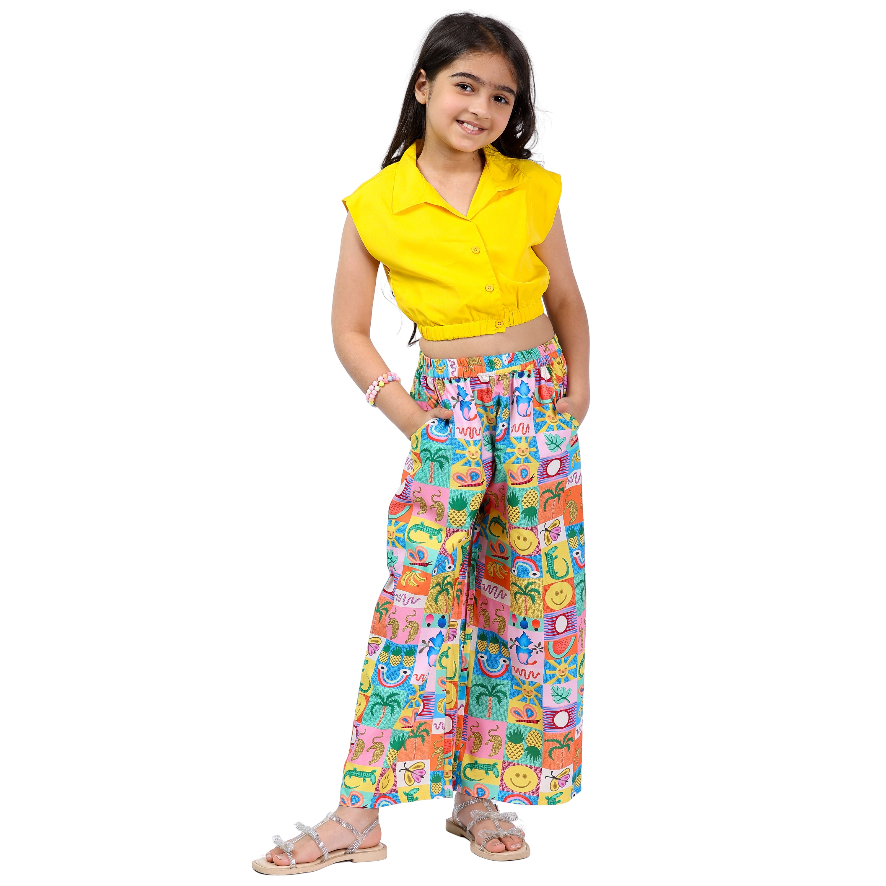 Girls Clothing Set – Yellow Abstract Print, Collar Style (4–10 Yrs)