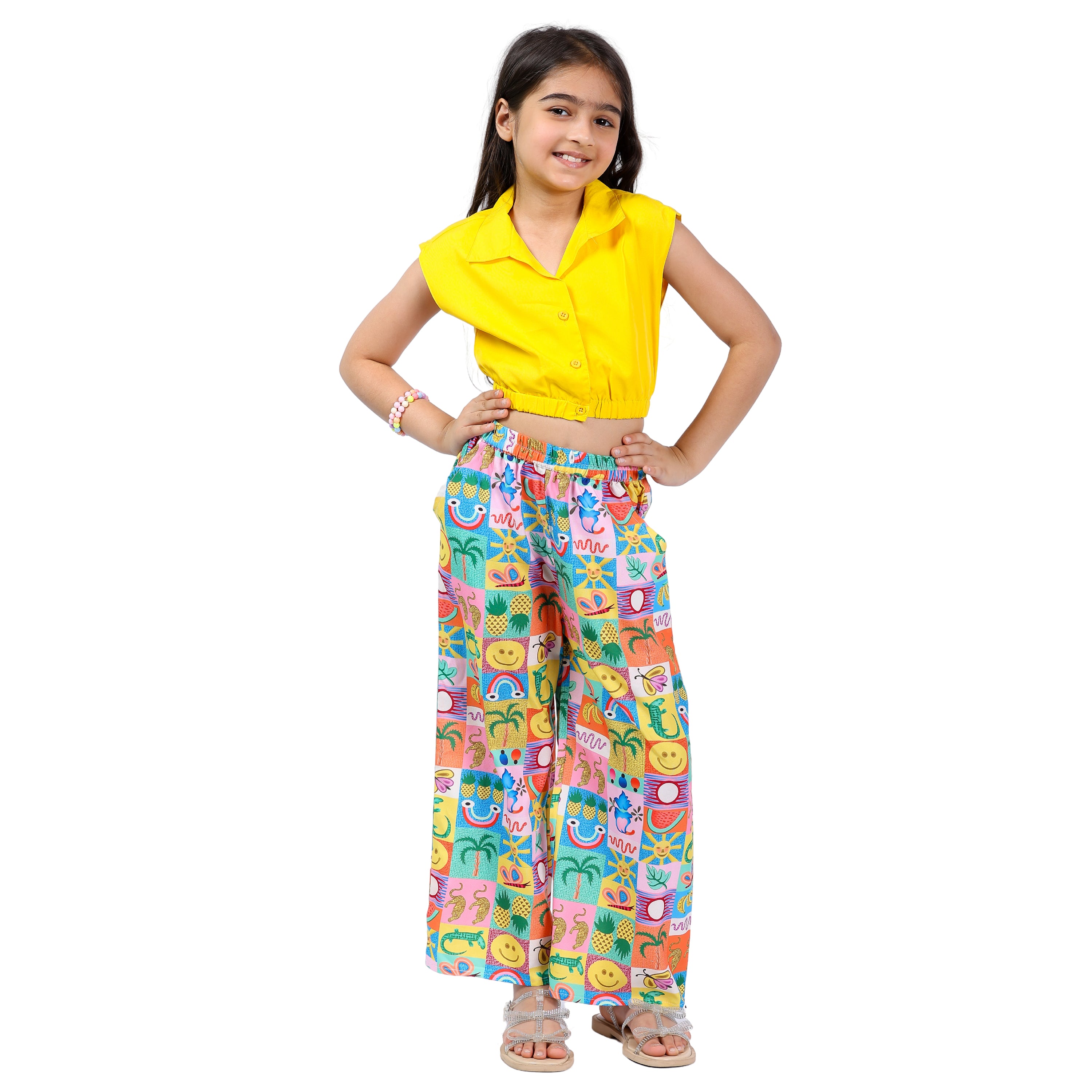 Girls Clothing Set – Yellow Abstract Print, Collar Style (4–10 Yrs)