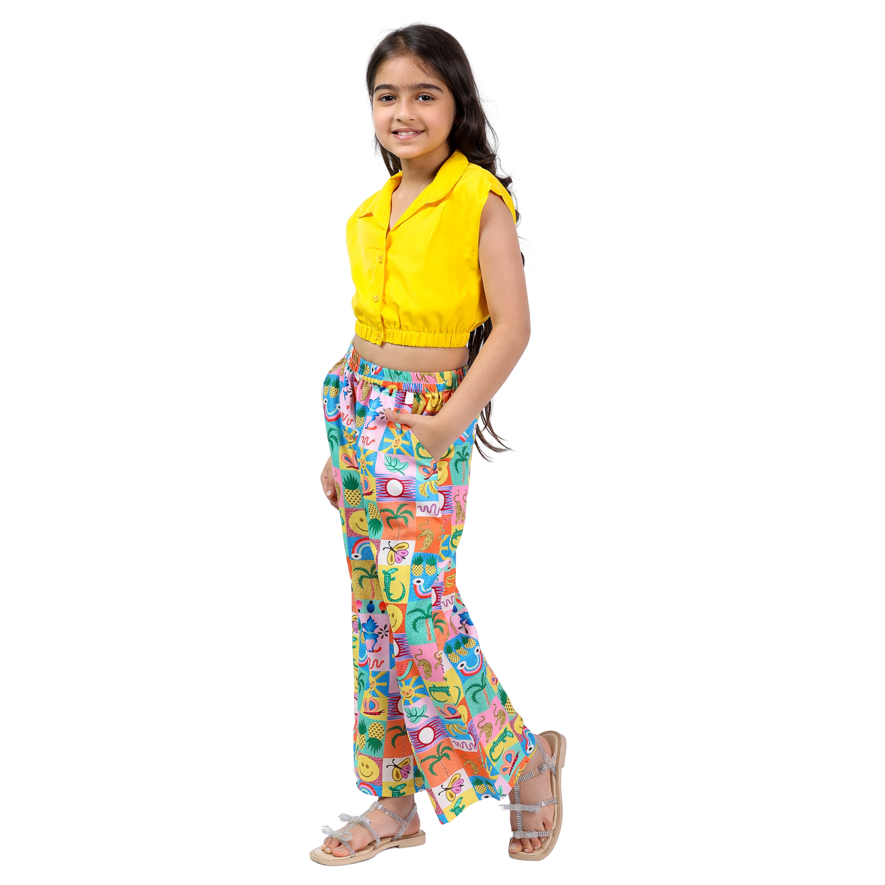 Girls Clothing Set – Yellow Abstract Print, Collar Style (4–10 Yrs)