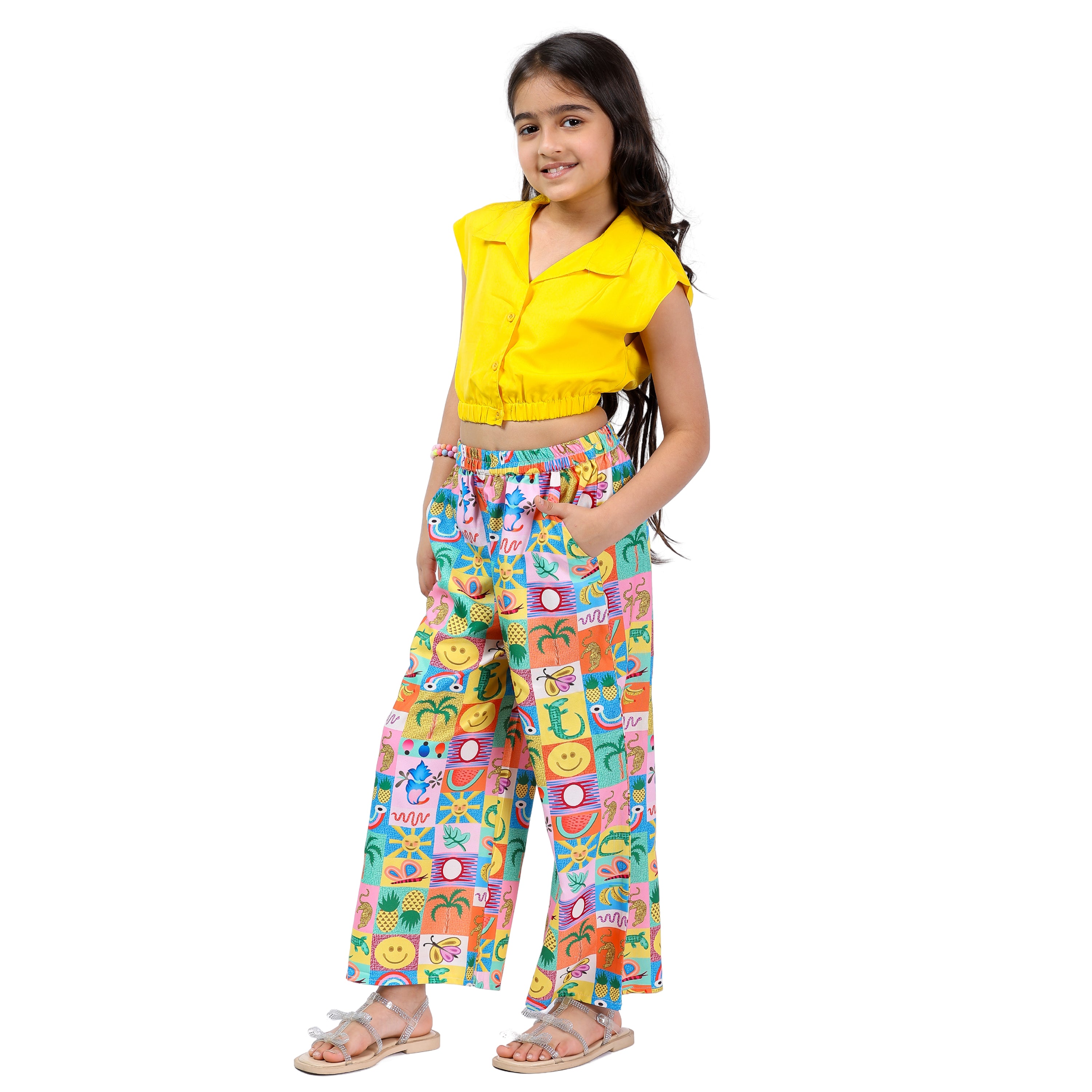 Girls Clothing Set – Yellow Abstract Print, Collar Style (4–10 Yrs)