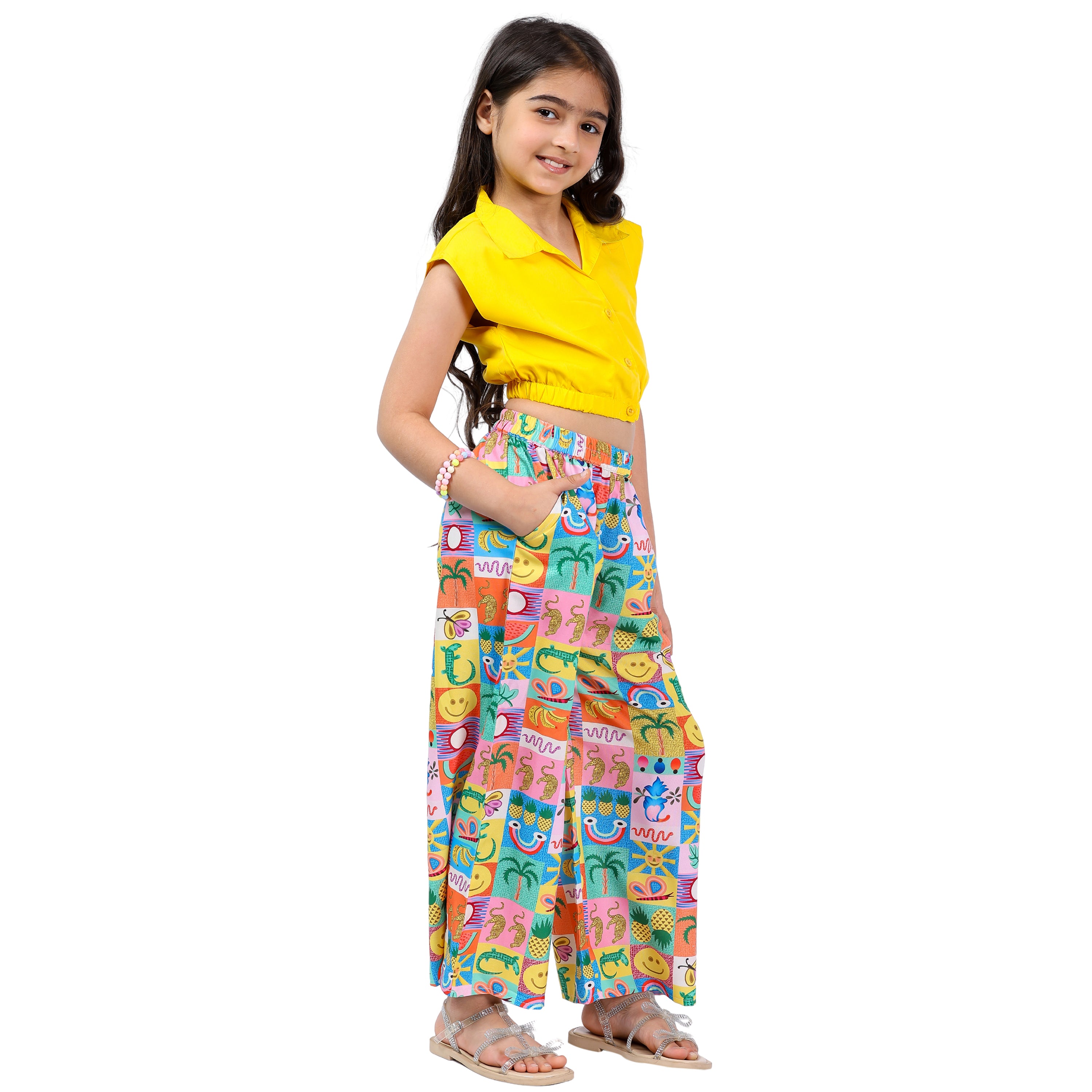 Girls Clothing Set – Yellow Abstract Print, Collar Style (4–10 Yrs)
