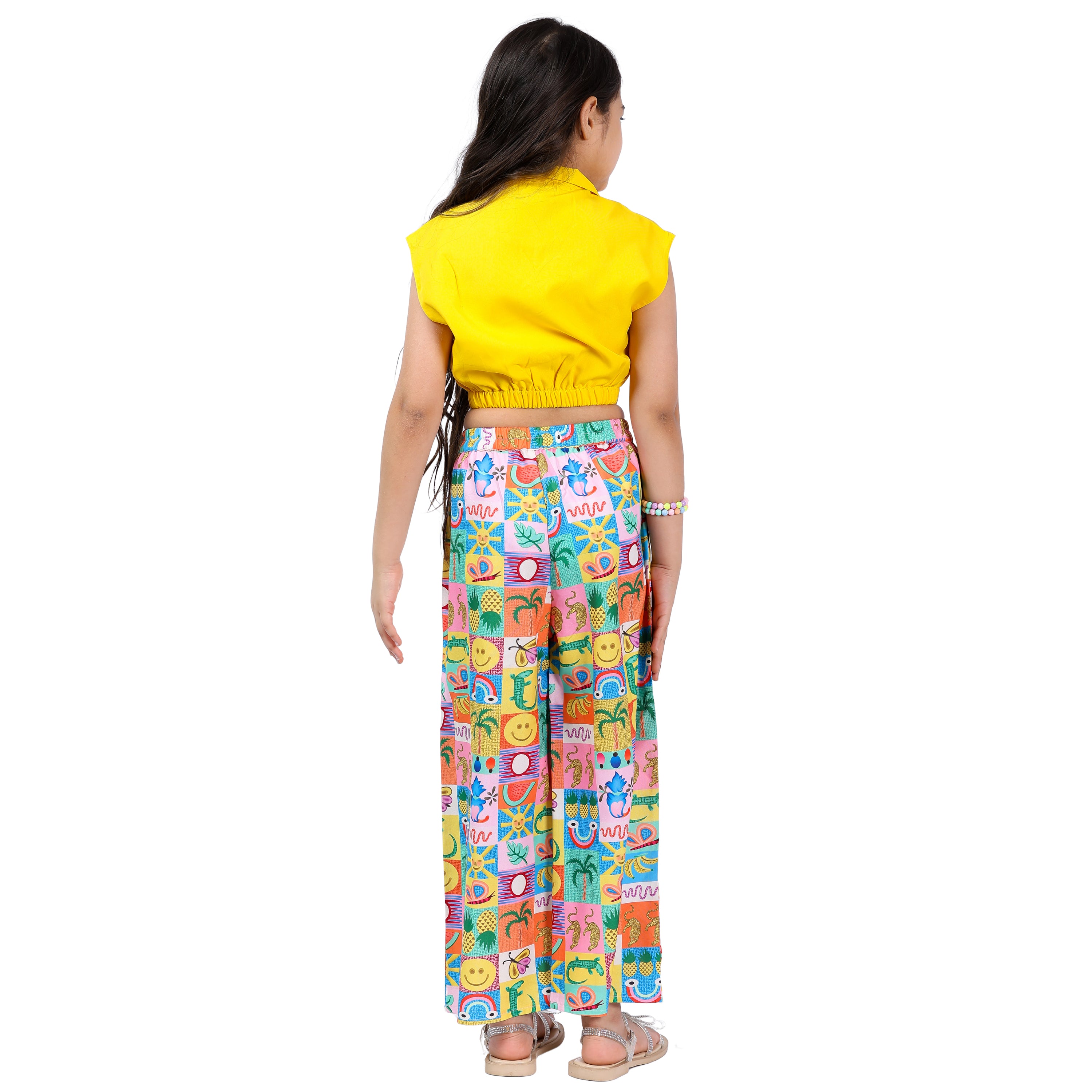 Girls Clothing Set – Yellow Abstract Print, Collar Style (4–10 Yrs)