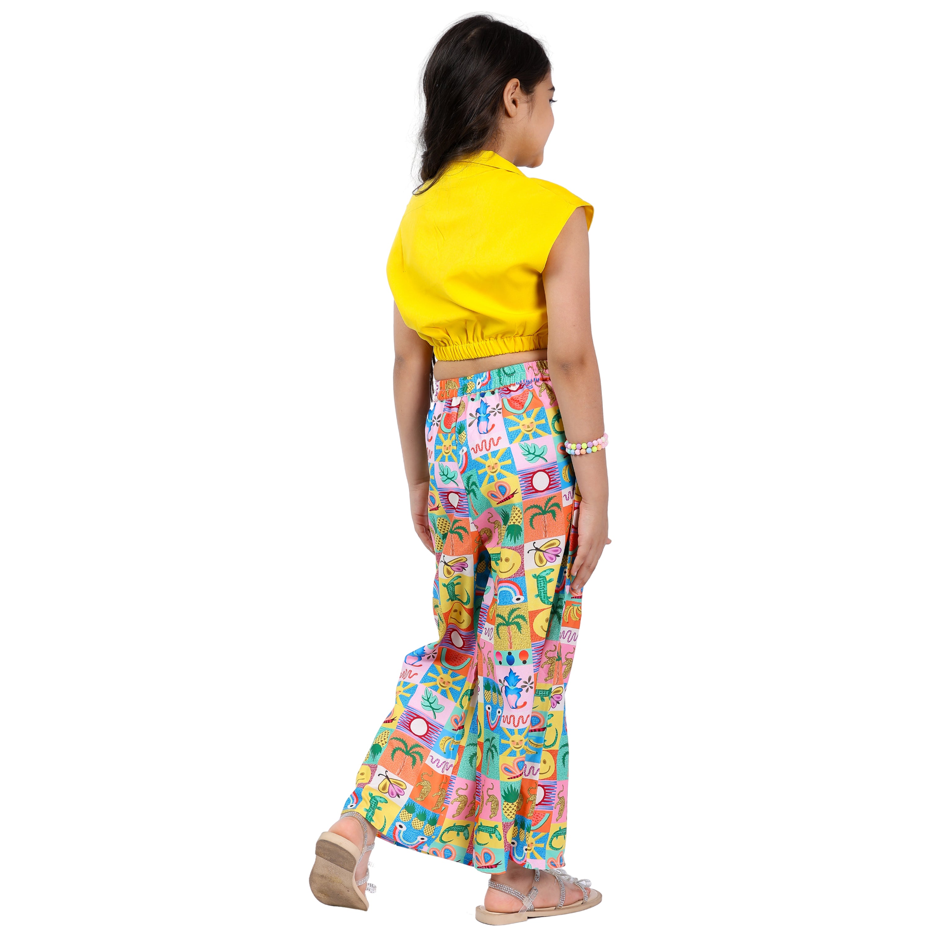Girls Clothing Set – Yellow Abstract Print, Collar Style (4–10 Yrs)