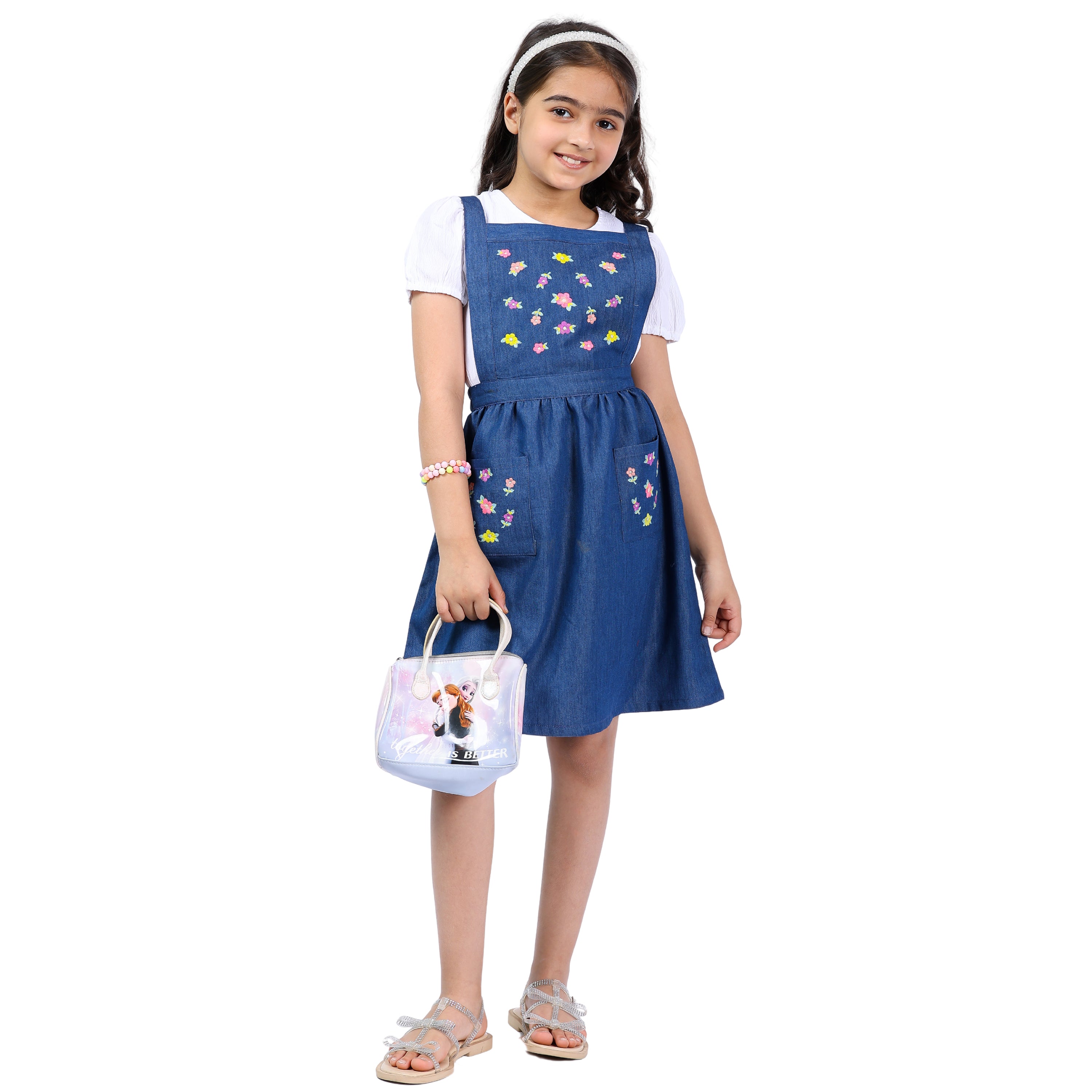 Girls Denim Pinafore Dress with Embroidered Detailing and Top (4–10 Yrs)