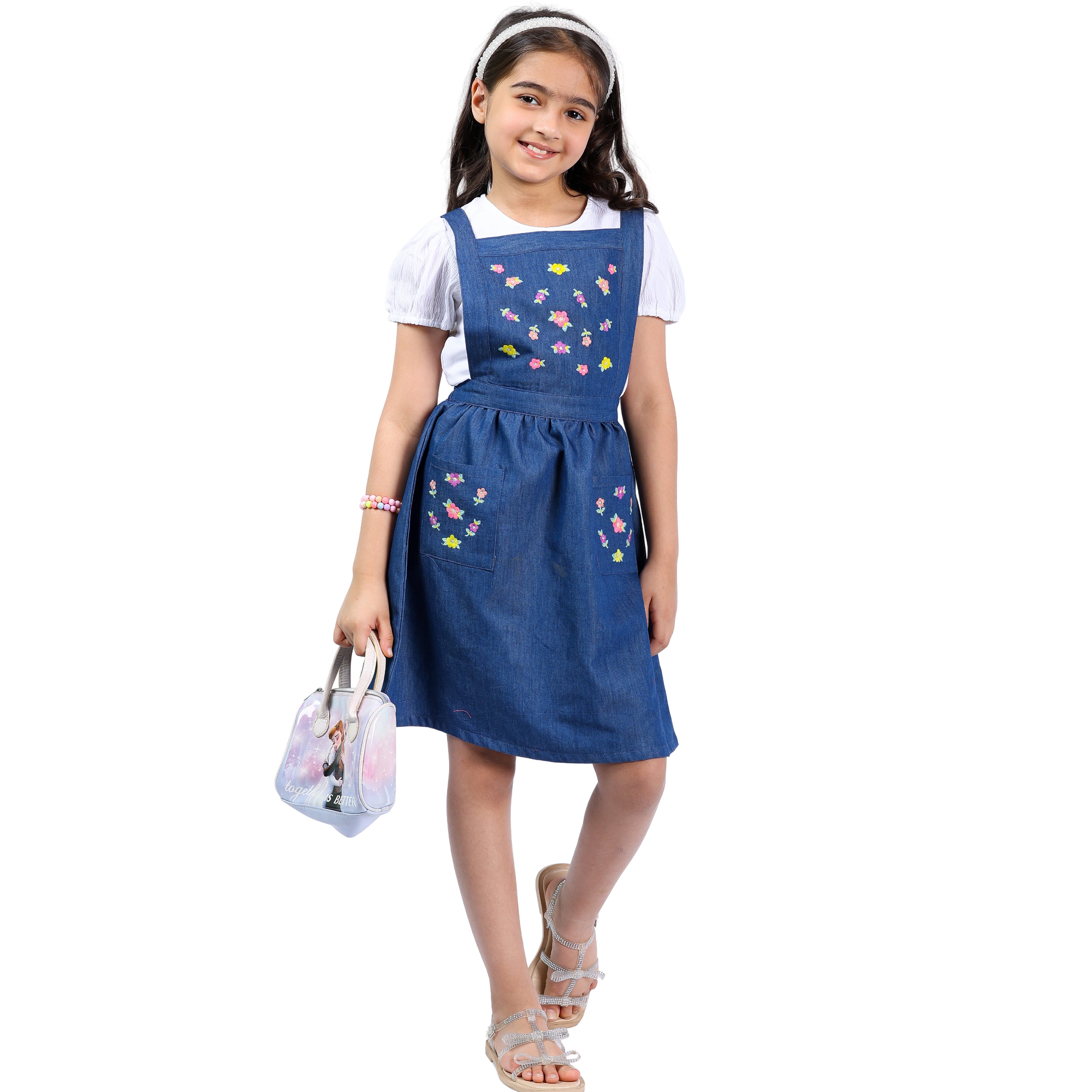 Girls Denim Pinafore Dress with Embroidered Detailing and Top (4–10 Yrs)