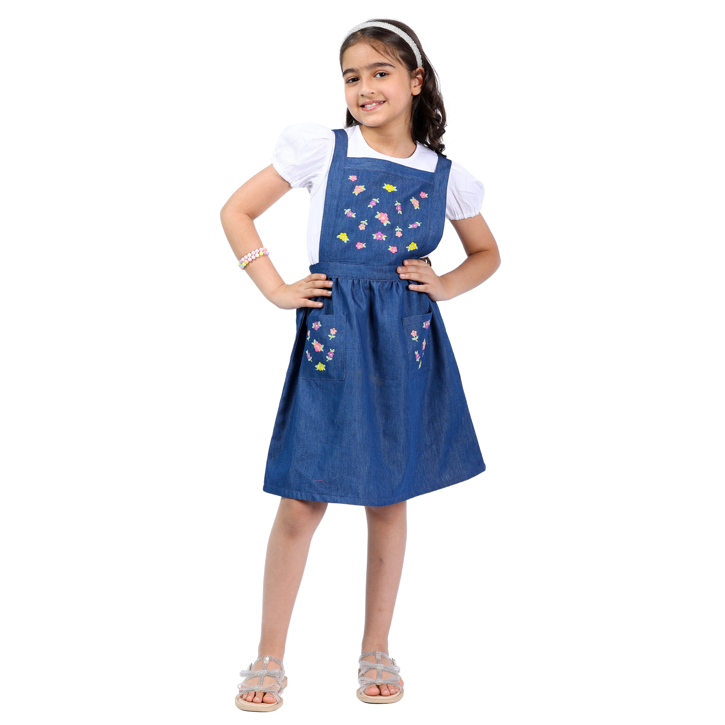 Girls Denim Pinafore Dress with Embroidered Detailing and Top (4–10 Yrs)