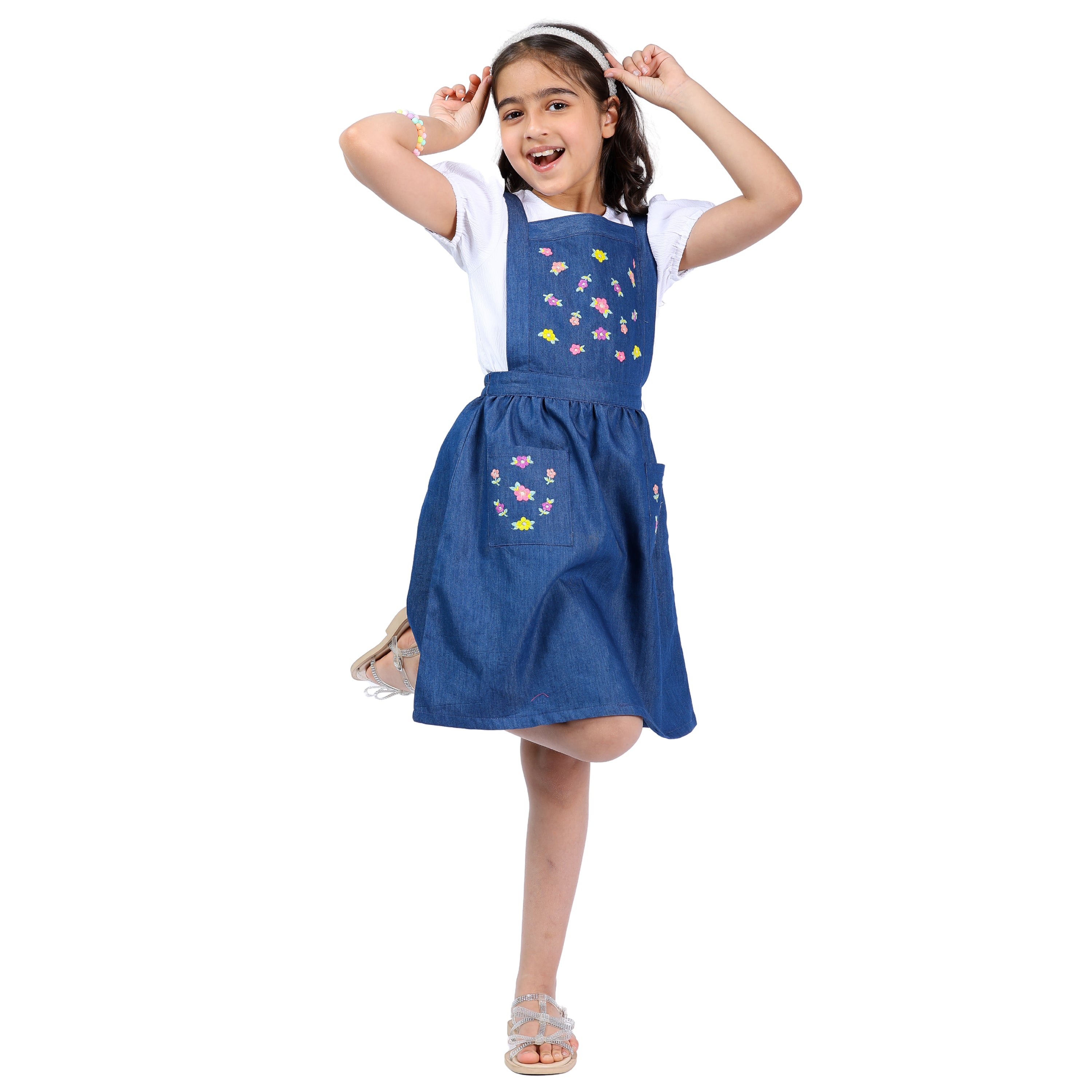 Girls Denim Pinafore Dress with Embroidered Detailing and Top (4–10 Yrs)