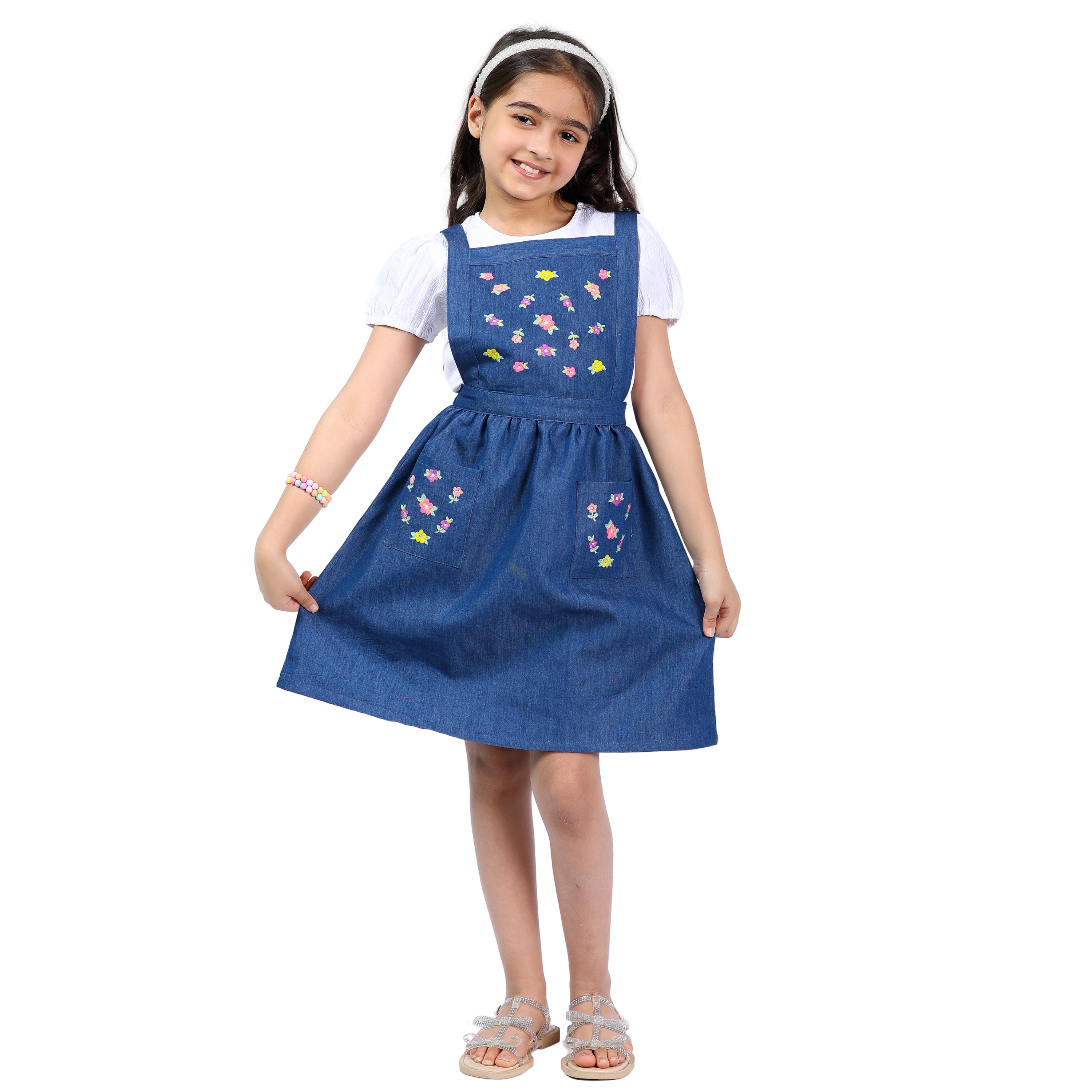 Girls Denim Pinafore Dress with Embroidered Detailing and Top (4–10 Yrs)