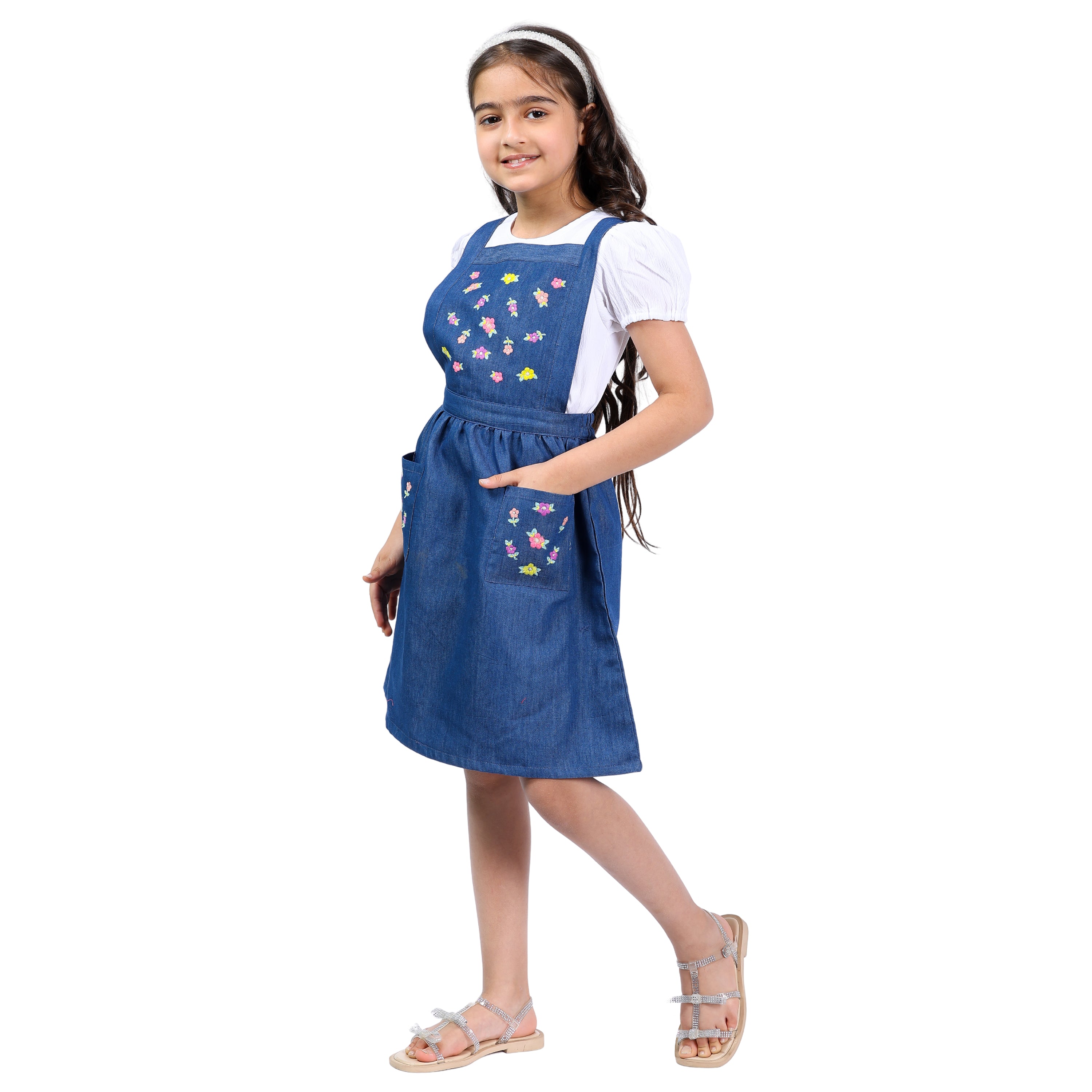 Girls Denim Pinafore Dress with Embroidered Detailing and Top (4–10 Yrs)