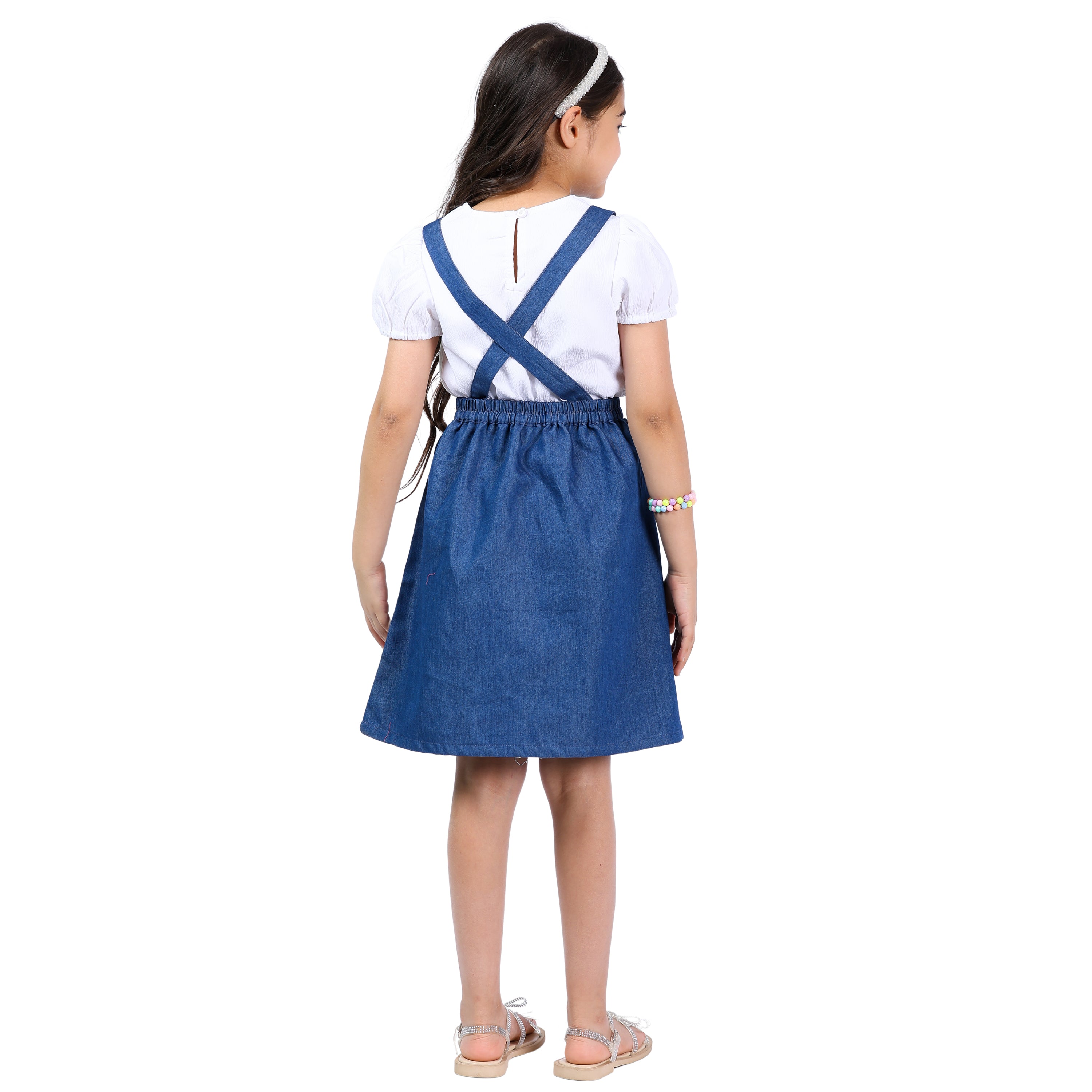 Girls Denim Pinafore Dress with Embroidered Detailing and Top (4–10 Yrs)