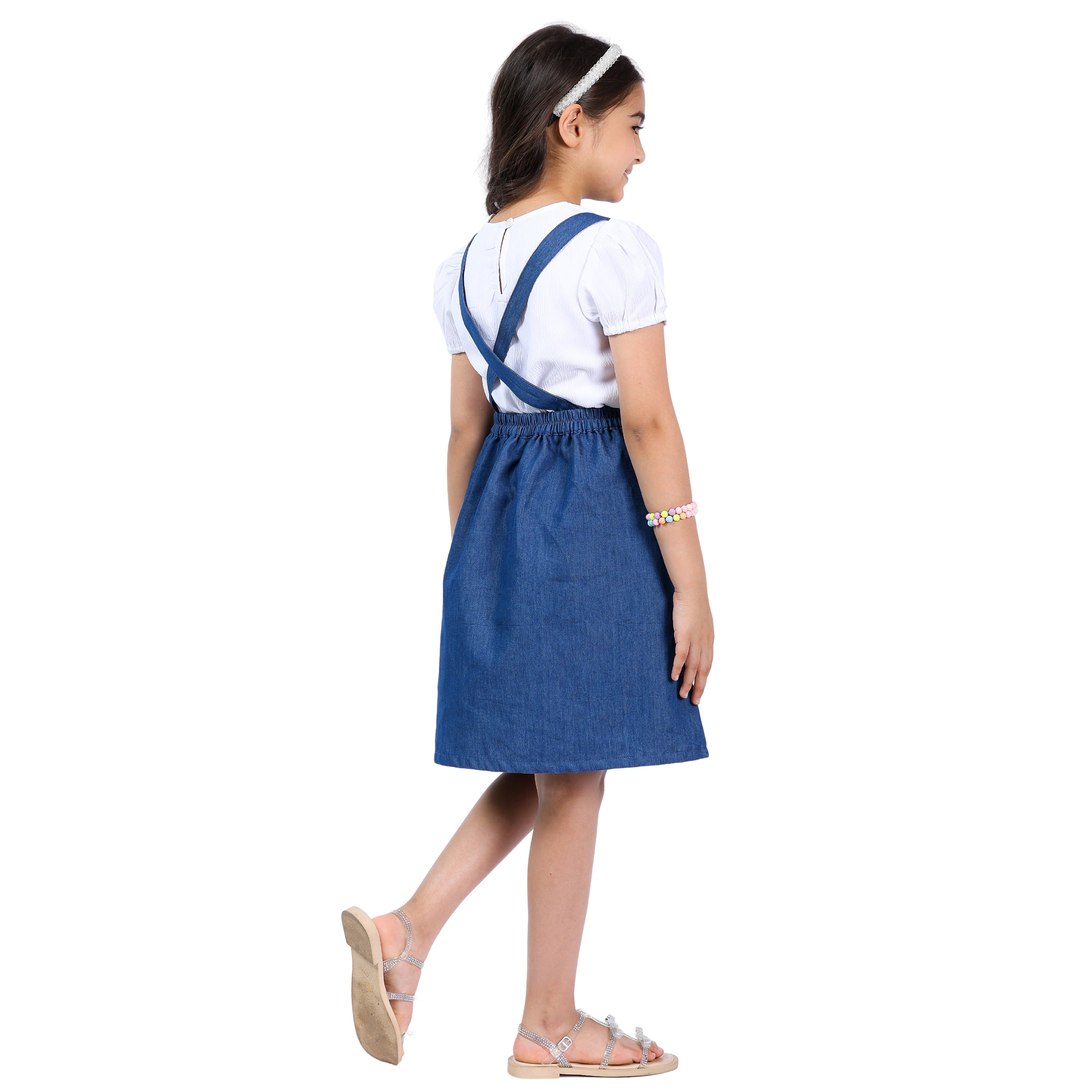 Girls Denim Pinafore Dress with Embroidered Detailing and Top (4–10 Yrs)