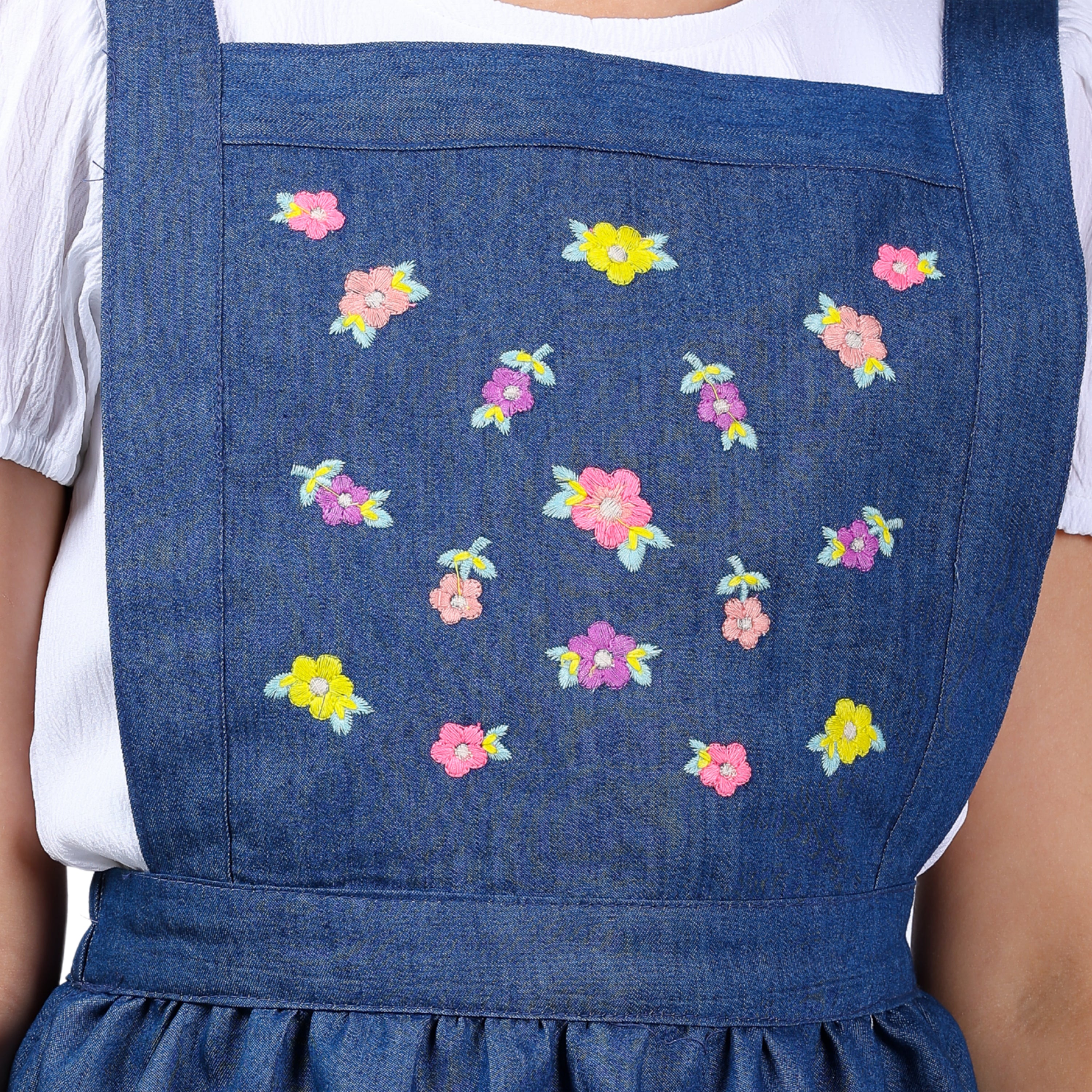 Girls Denim Pinafore Dress with Embroidered Detailing and Top (4–10 Yrs)