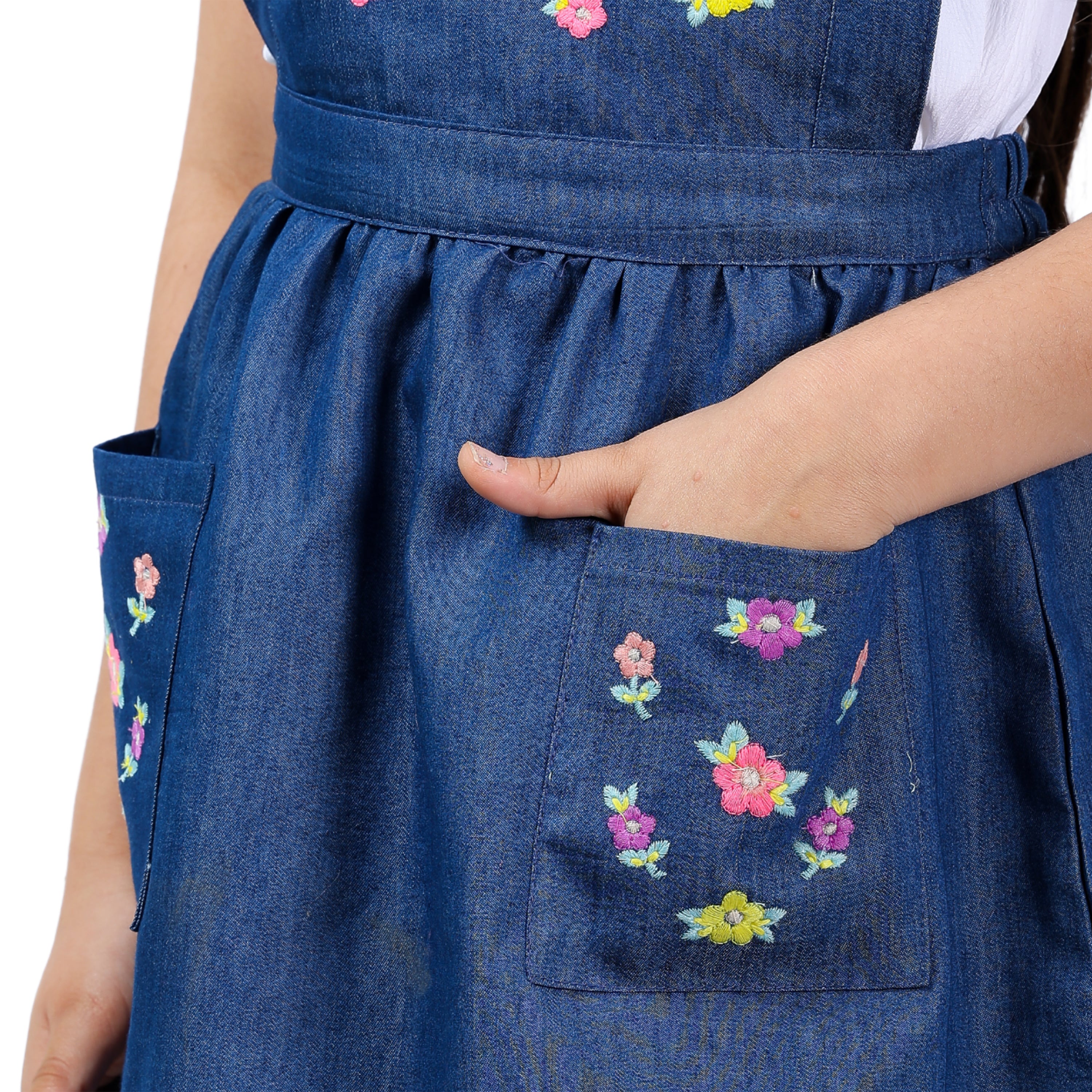 Girls Denim Pinafore Dress with Embroidered Detailing and Top (4–10 Yrs)