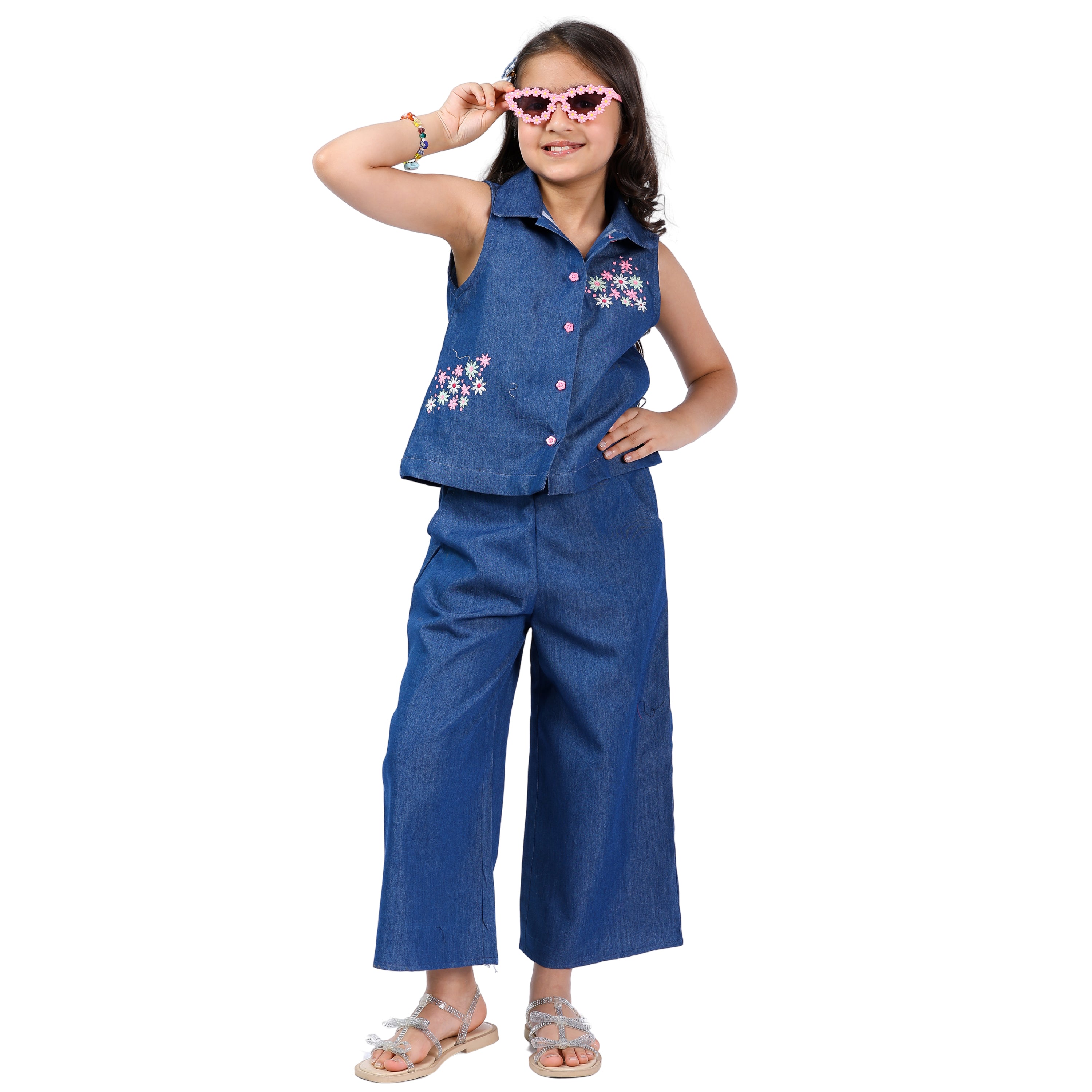 Girls Denim Clothing Set – Floral Embroidery, Stylish & Formal (4–10 Yrs)