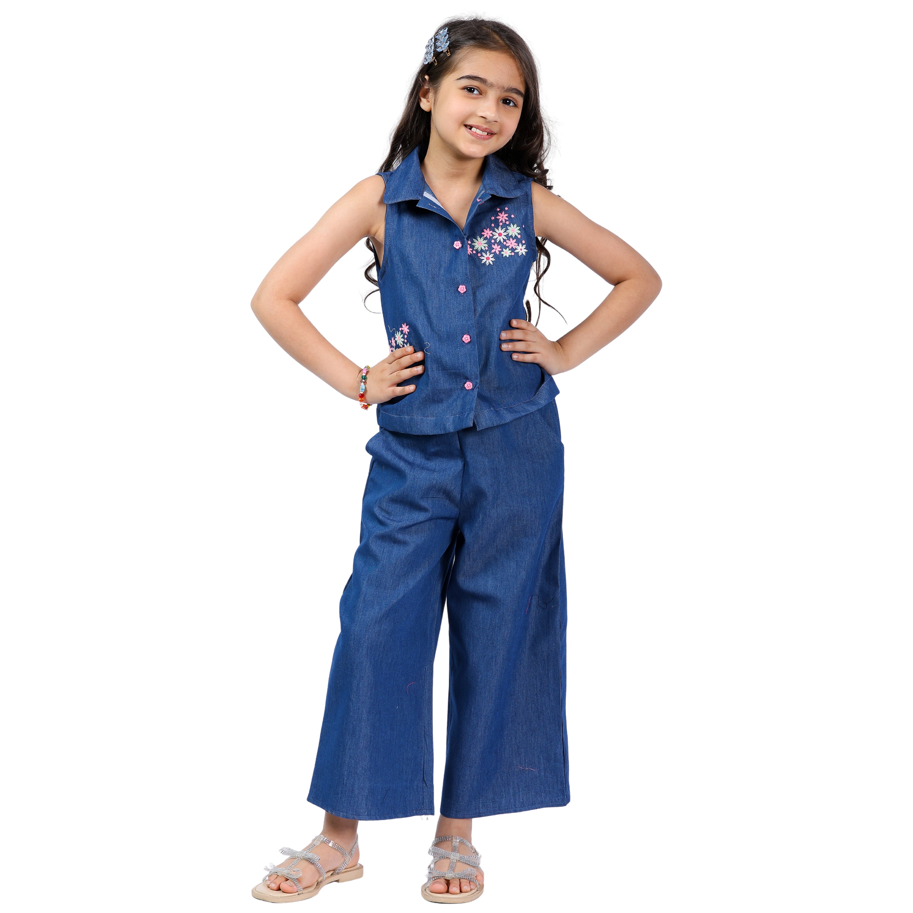 Girls Denim Clothing Set – Floral Embroidery, Stylish & Formal (4–10 Yrs)