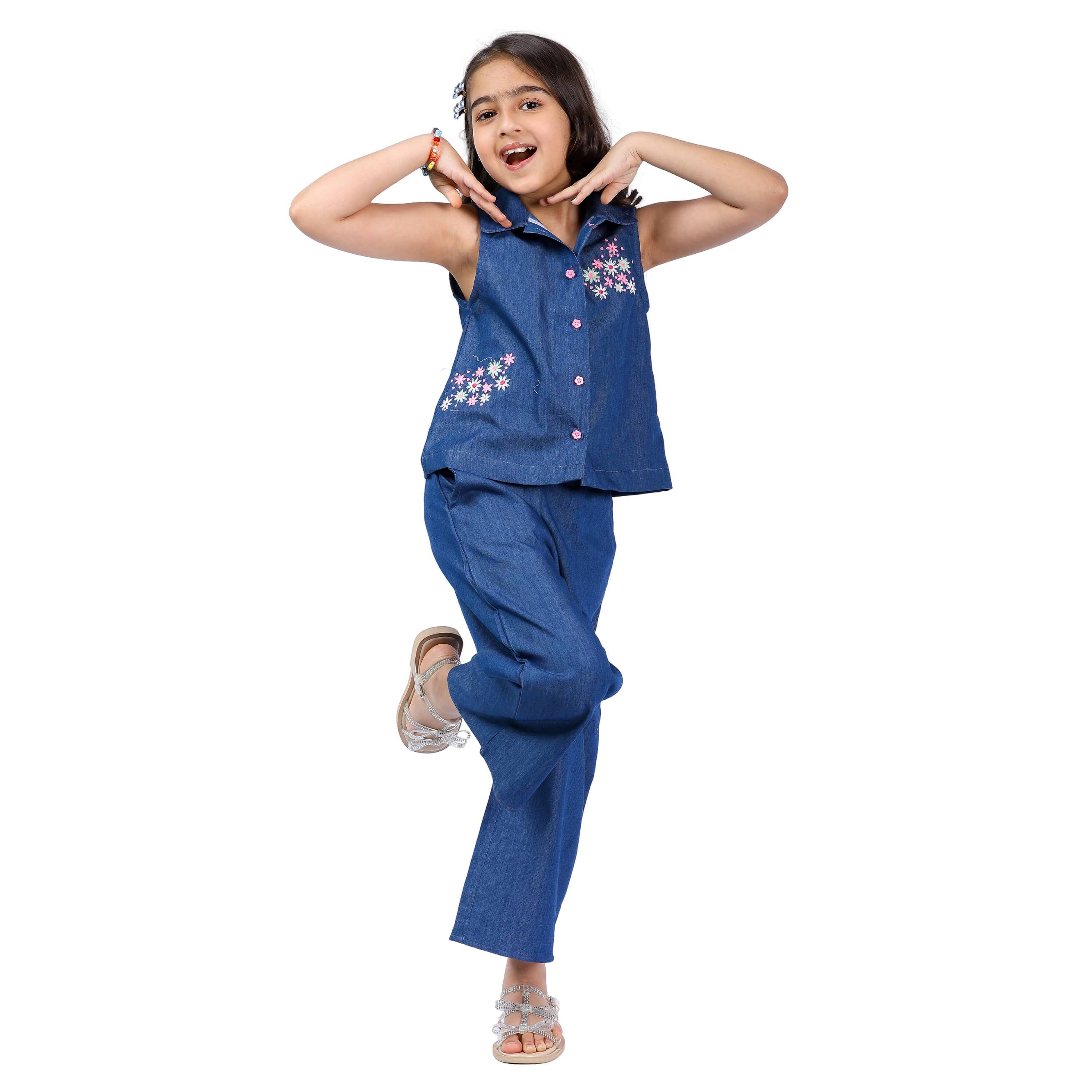 Girls Denim Clothing Set – Floral Embroidery, Stylish & Formal (4–10 Yrs)