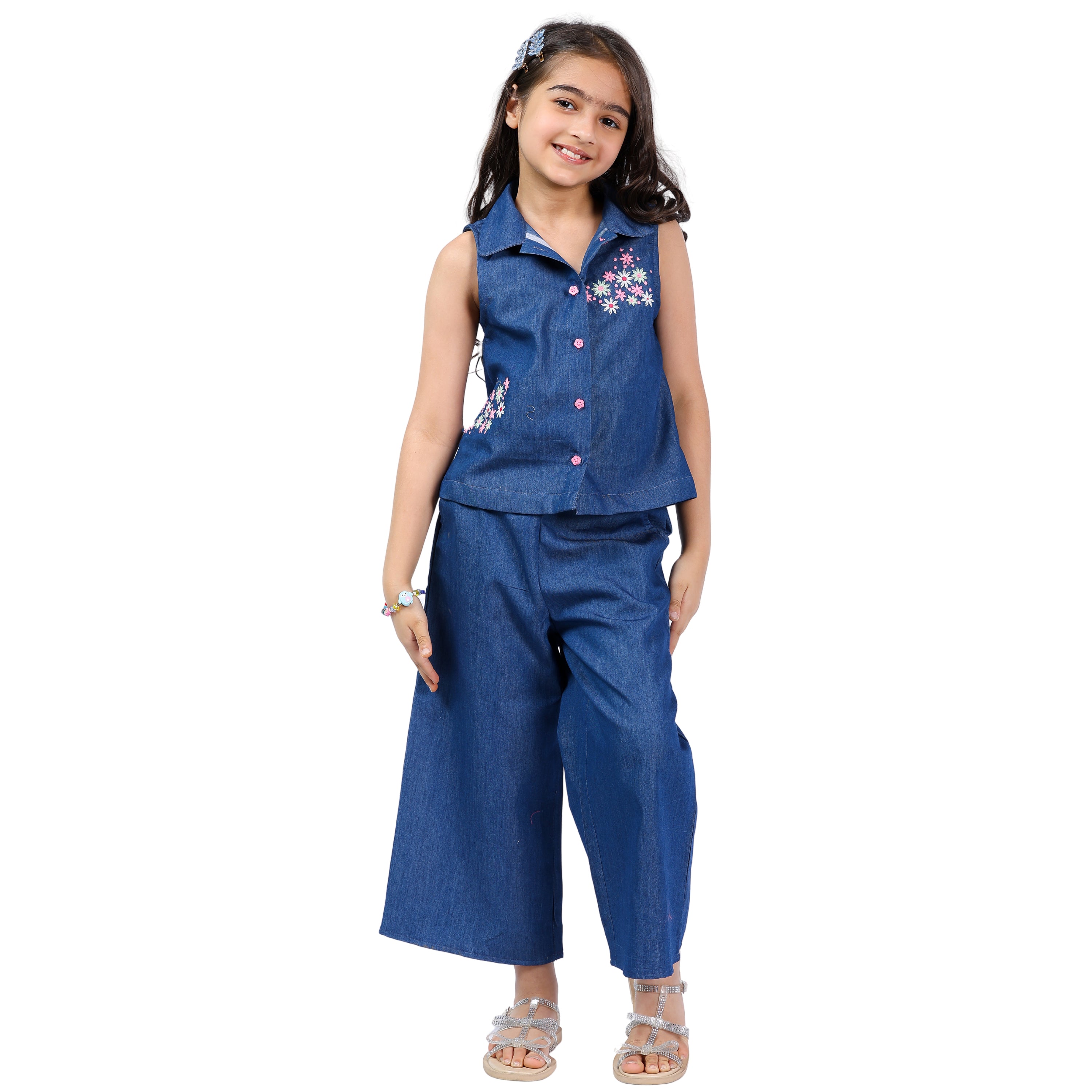 Girls Denim Clothing Set – Floral Embroidery, Stylish & Formal (4–10 Yrs)