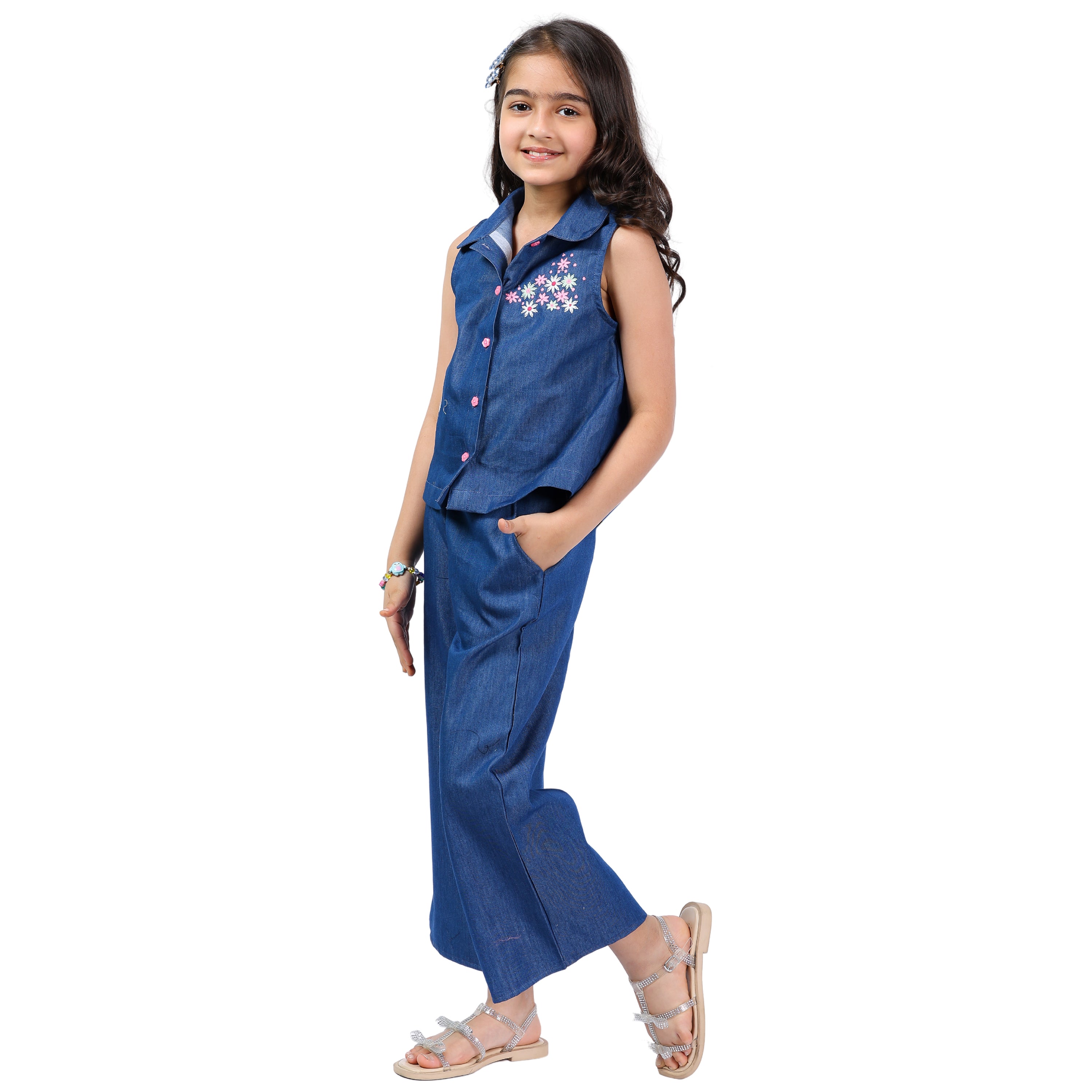 Girls Denim Clothing Set – Floral Embroidery, Stylish & Formal (4–10 Yrs)