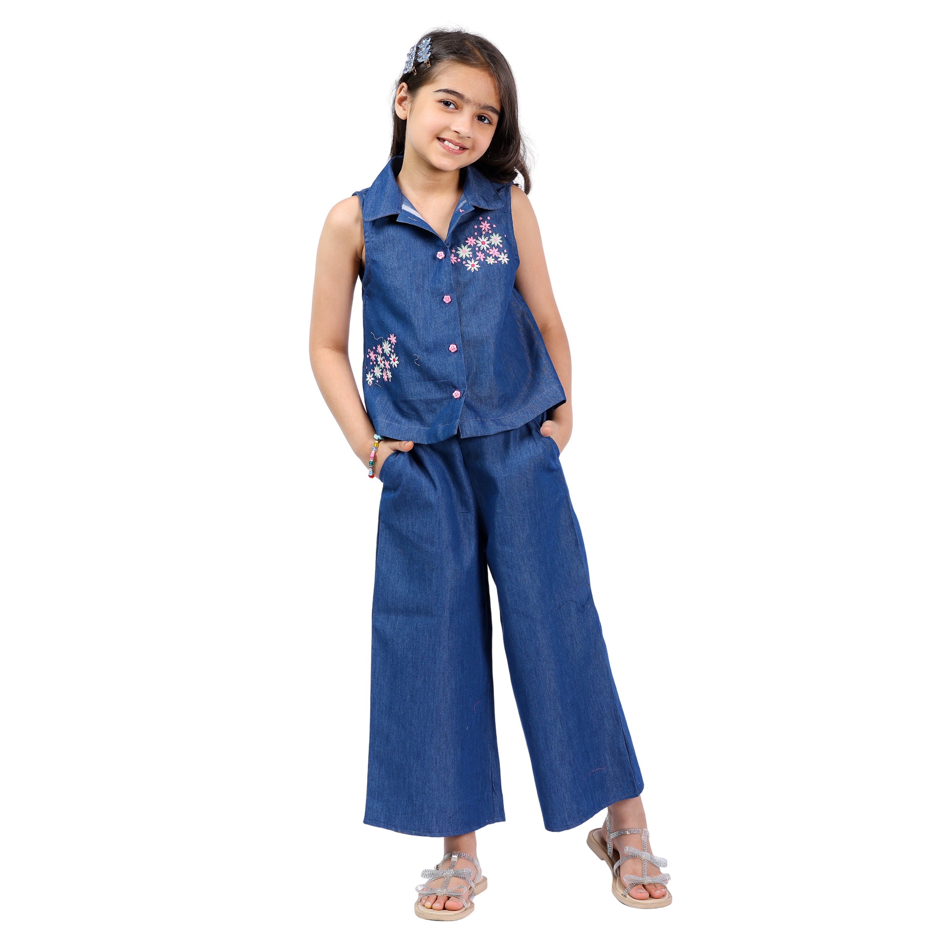 Girls Denim Clothing Set – Floral Embroidery, Stylish & Formal (4–10 Yrs)