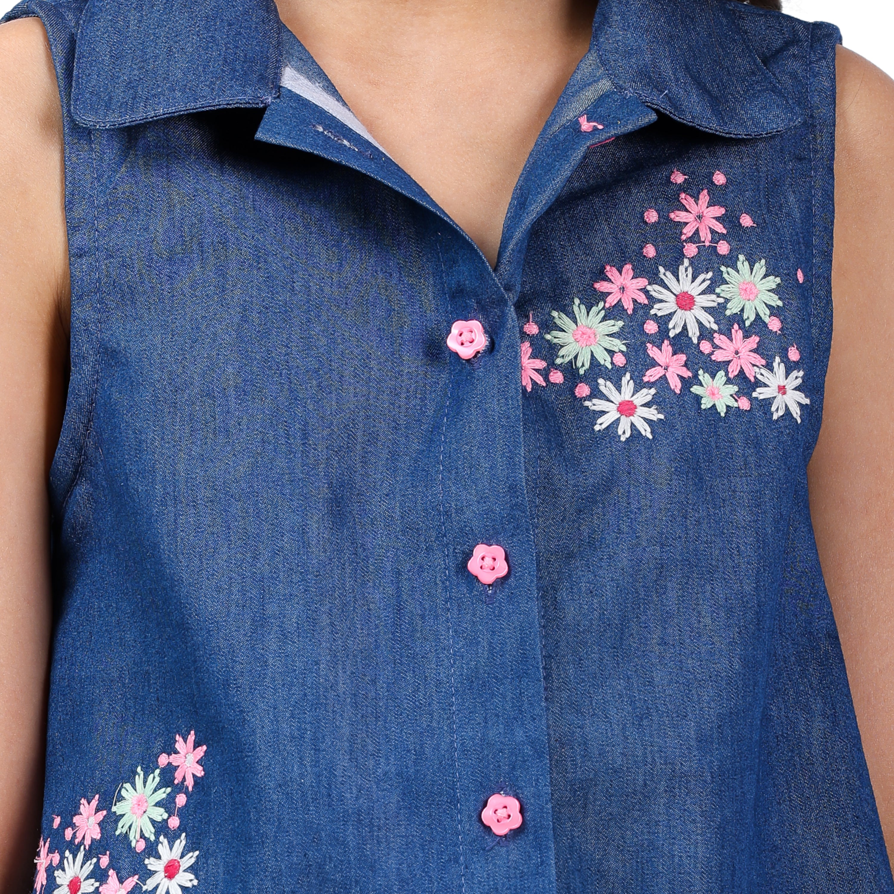 Girls Denim Clothing Set – Floral Embroidery, Stylish & Formal (4–10 Yrs)