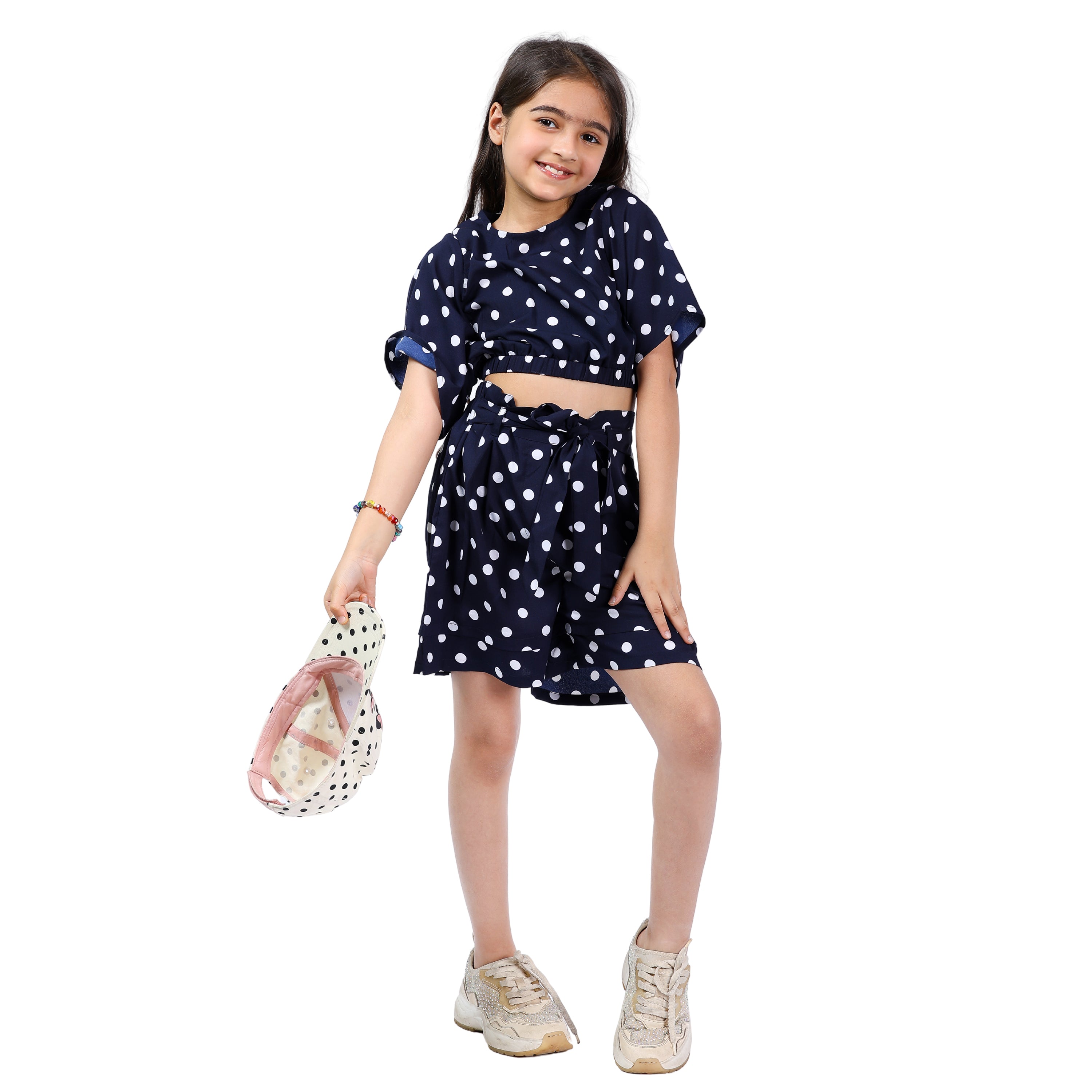 Girls Polka Crop Top & Shorts Set – Navy/White (4–10 Yrs)