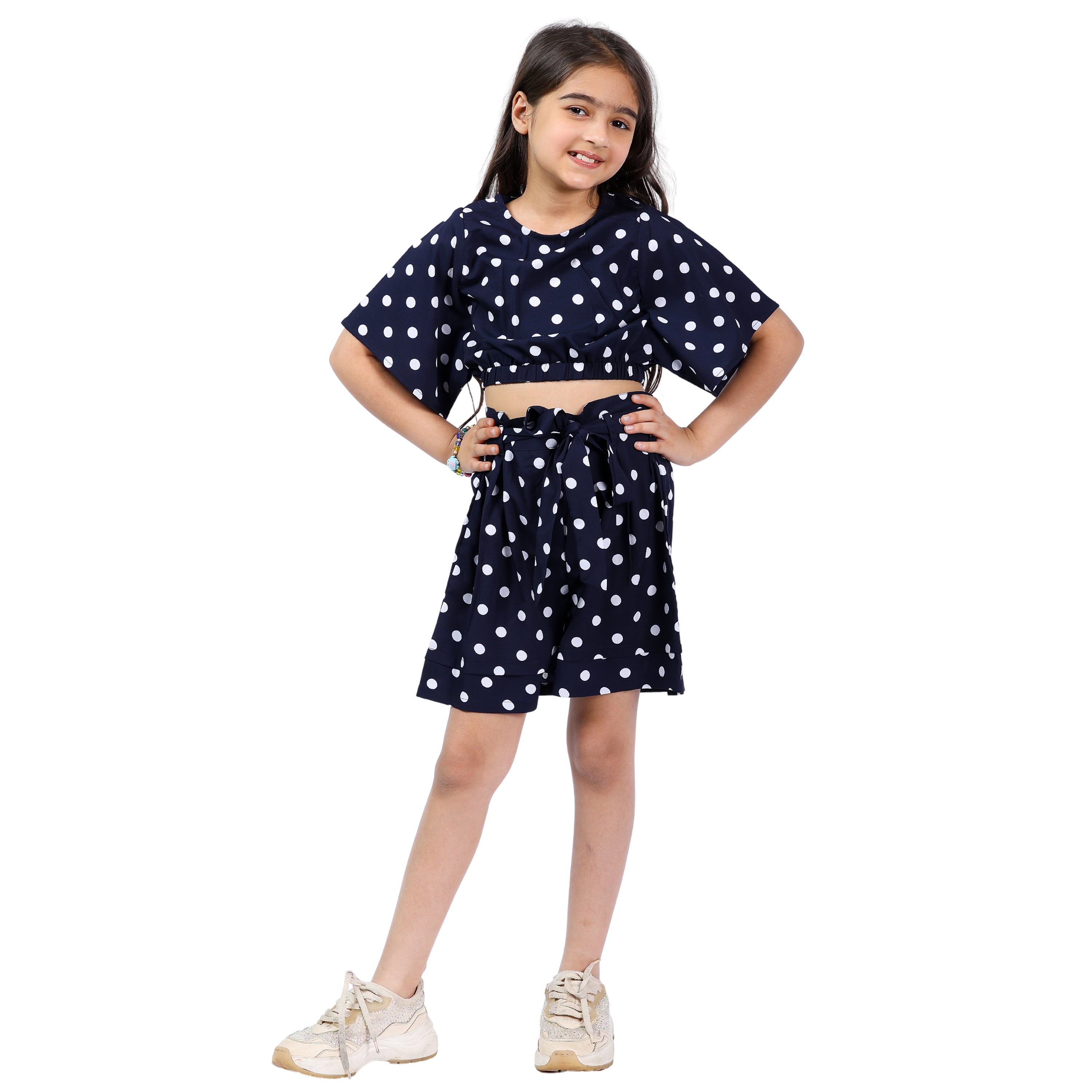Girls Polka Crop Top & Shorts Set – Navy/White (4–10 Yrs)