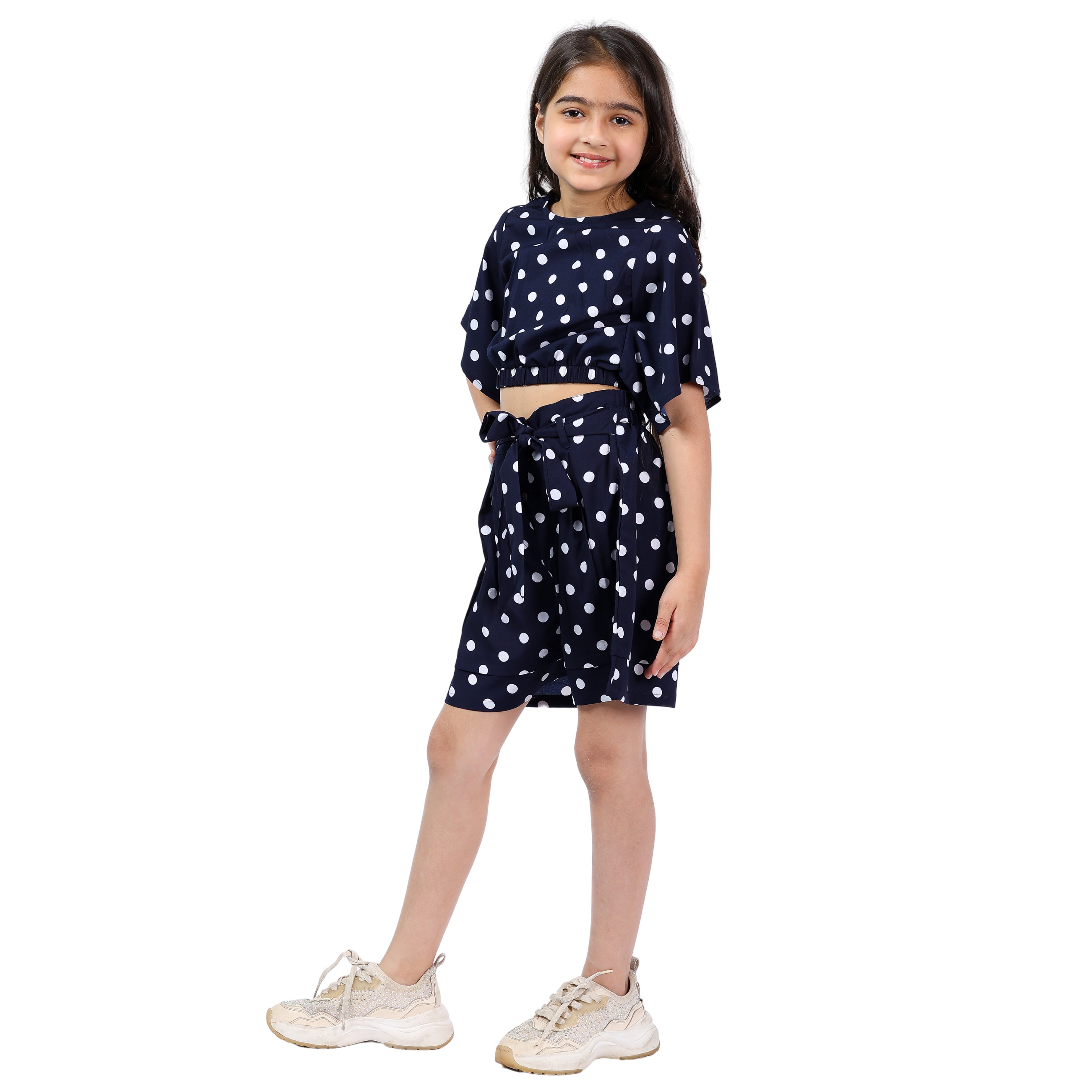 Girls Polka Crop Top & Shorts Set – Navy/White (4–10 Yrs)
