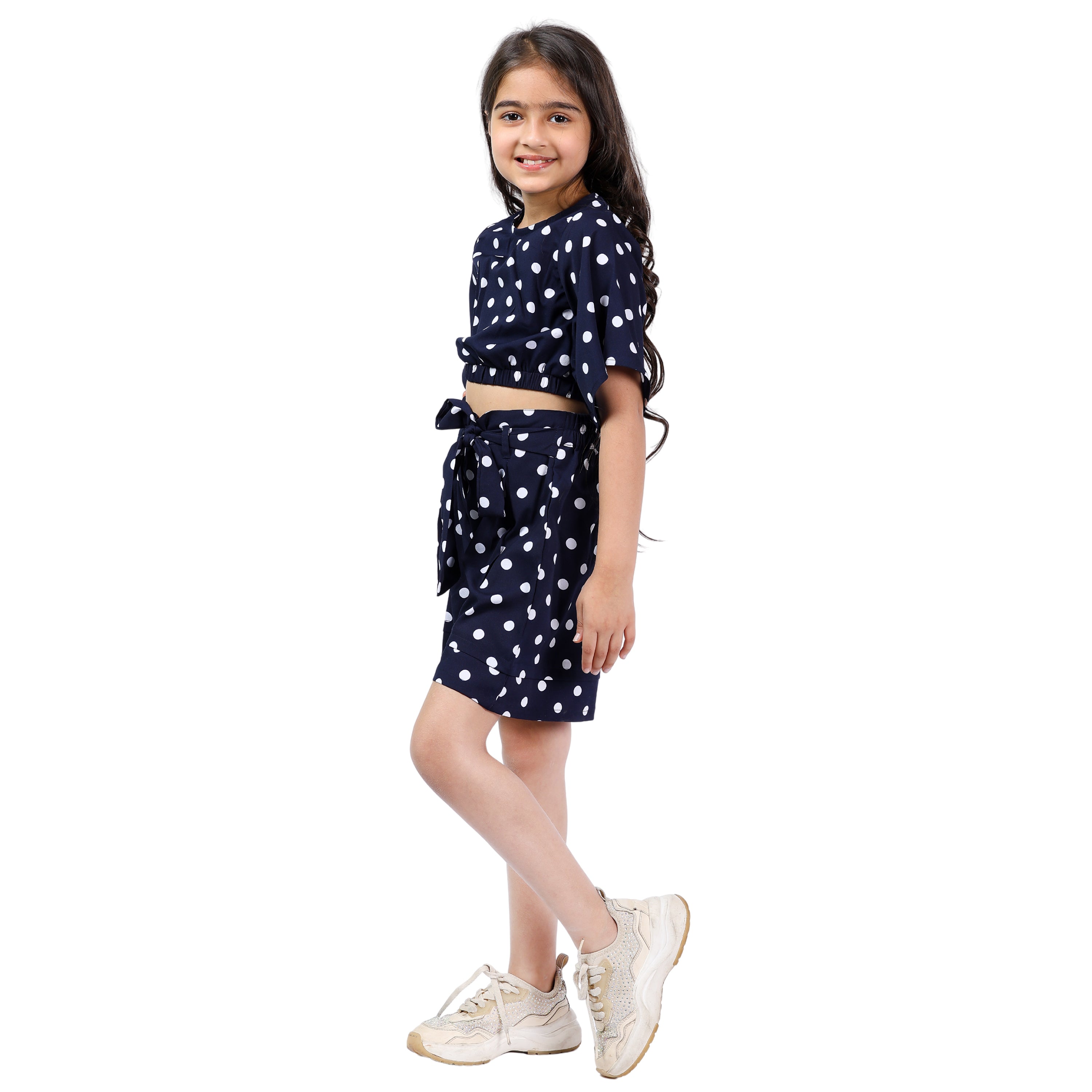 Girls Polka Crop Top & Shorts Set – Navy/White (4–10 Yrs)
