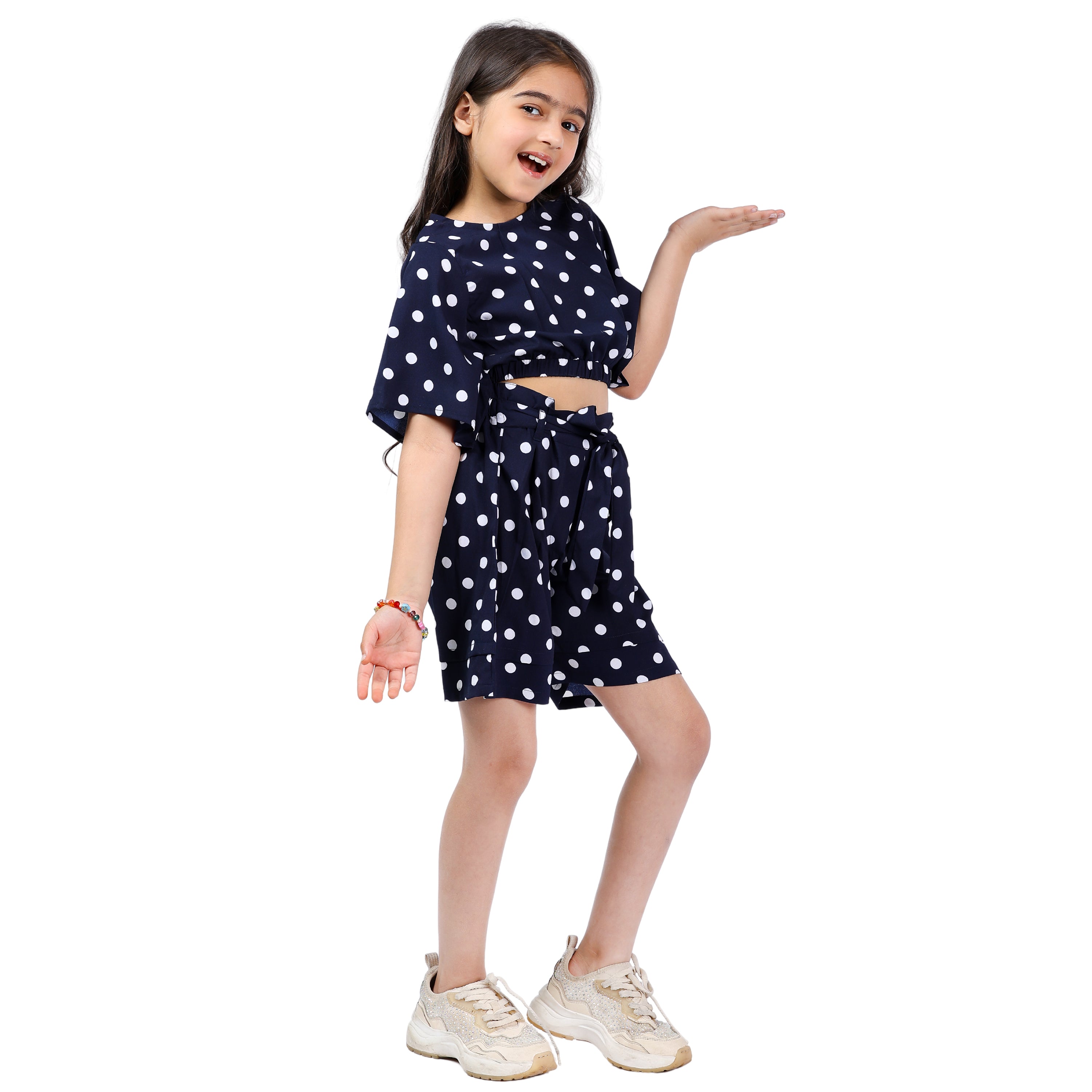 Girls Polka Crop Top & Shorts Set – Navy/White (4–10 Yrs)