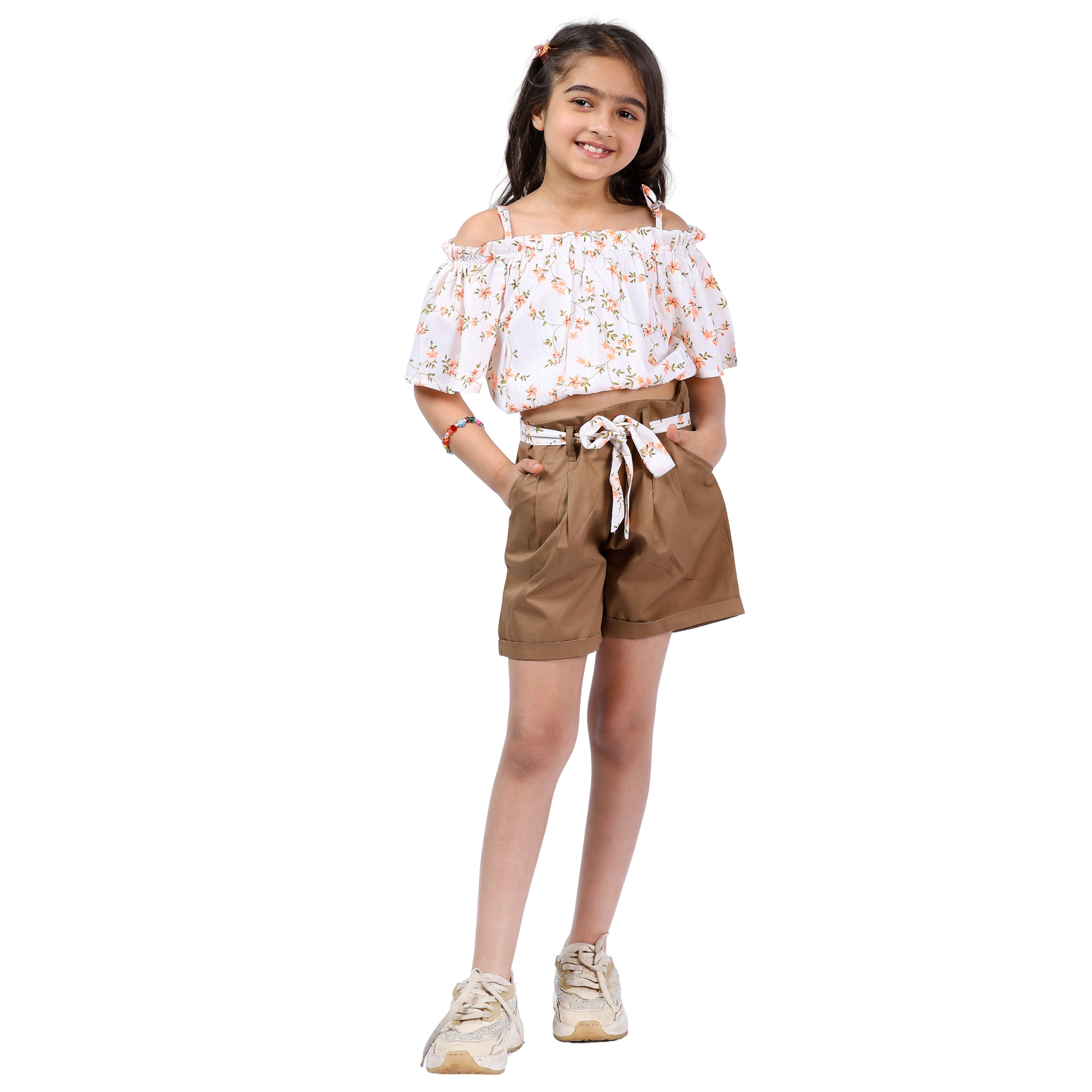 Girls Set – Floral Off-Shoulder Crop Top with Shorts (4–10 Yrs)